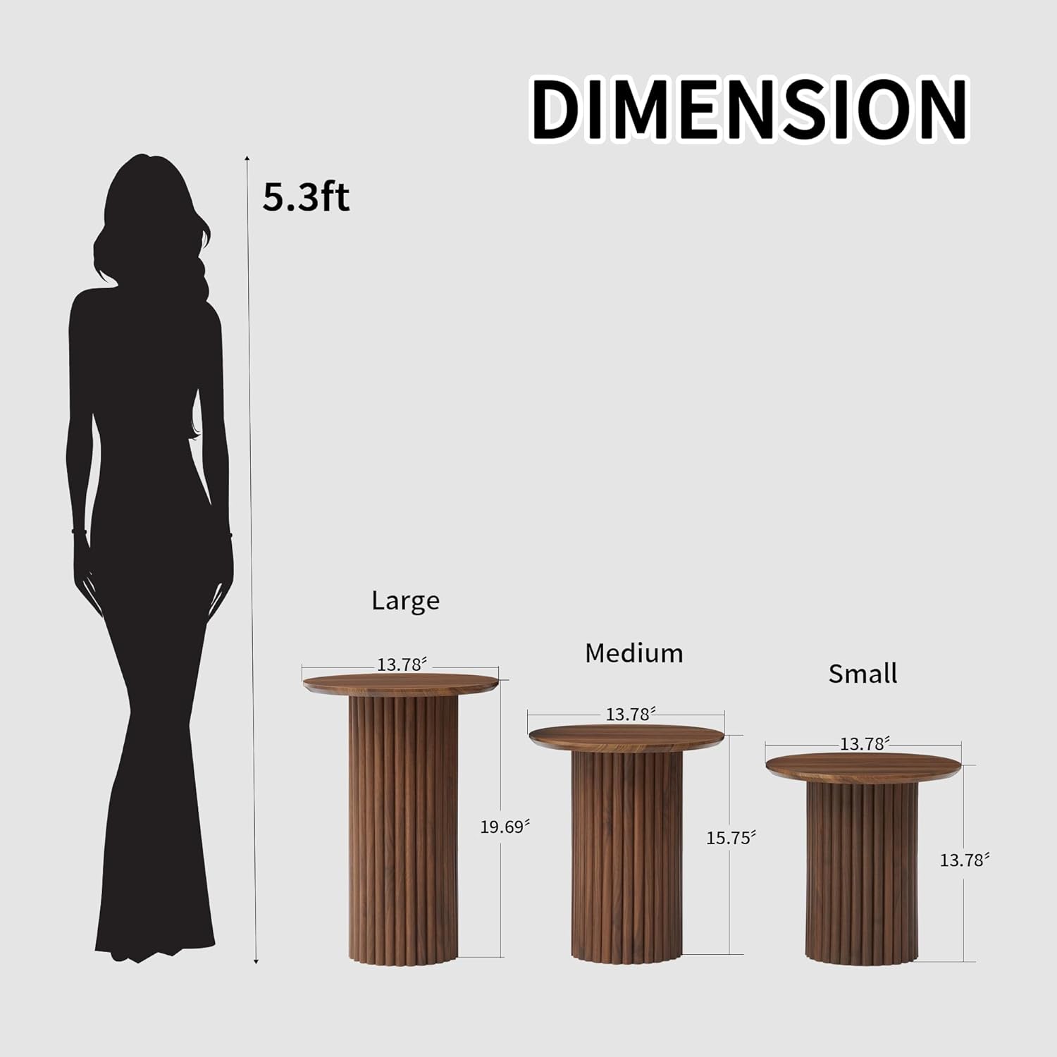 Bifins Round Nesting Coffee Table Set of 3,Mid Century Modern Fluted Coffee and End Table Set,Small Circle Wooden Side Table Drink Table for Living Room (Walnut)