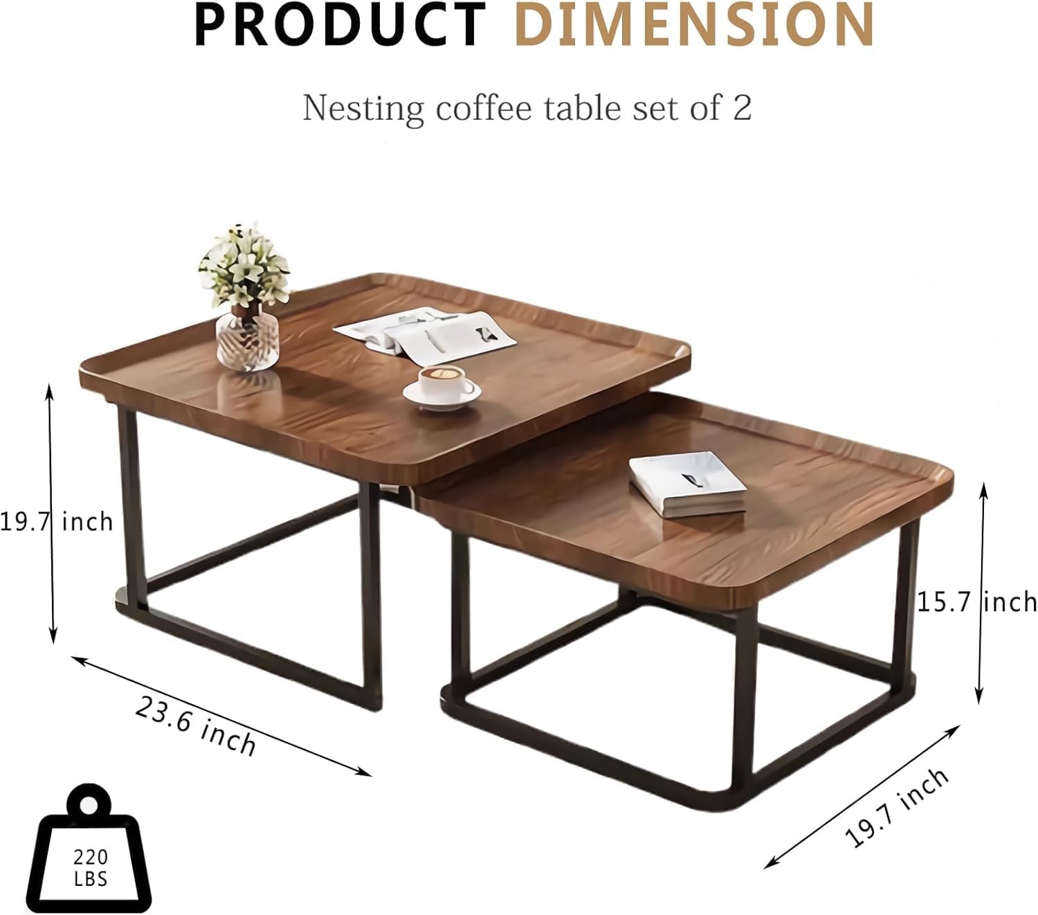 Square Nesting Coffee Table Set of 2, 23.6"+19.7" Nesting Tables,Small Square Coffee Table with Fluted,Center Table for Living Room Bedroom Office Balcony Yard (Walnut)