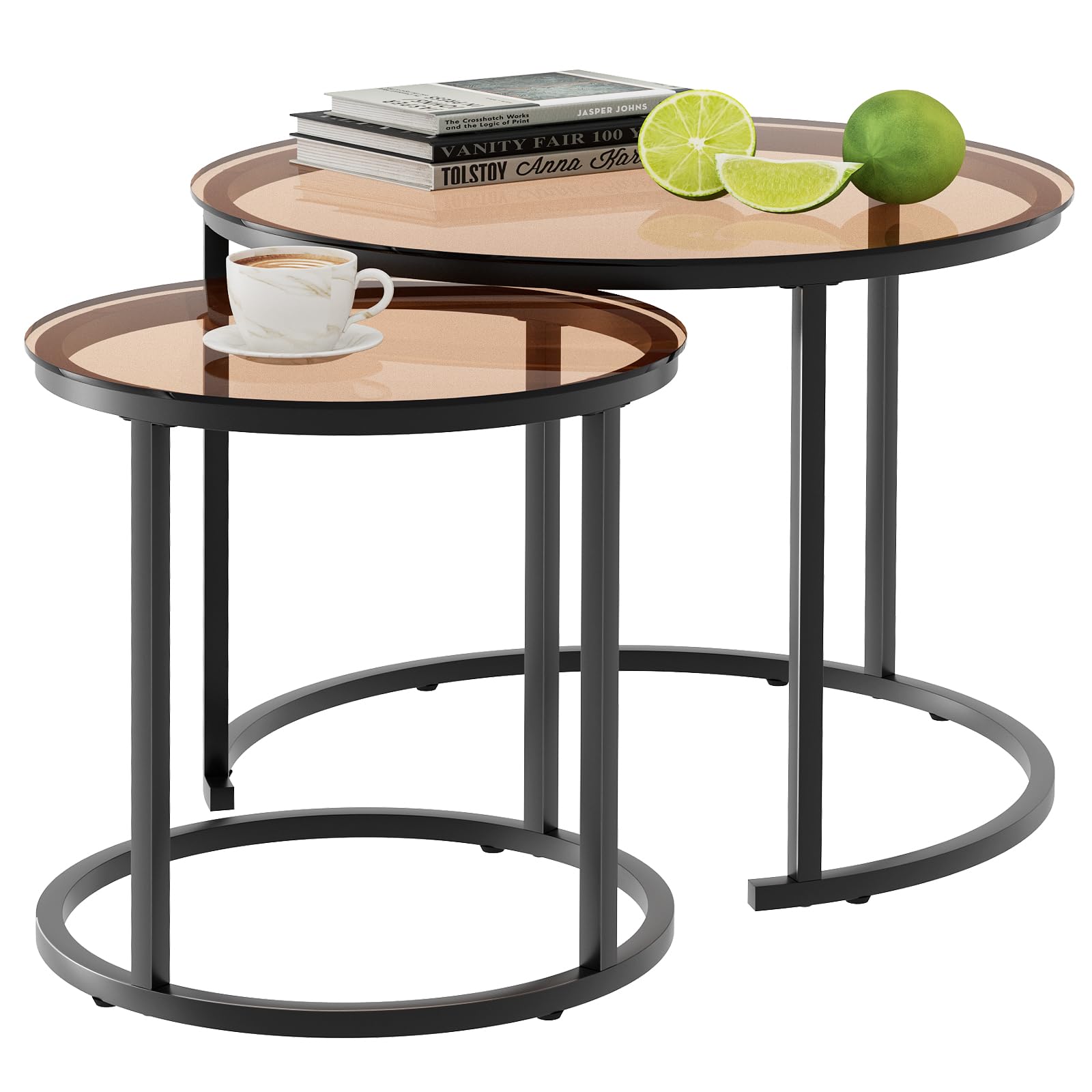 aboxoo Coffee Table Nesting Round Table Set of 2 Side Table with Sturdy Metal Frame for Living Room Bedroom Apartment Modern Industrial Simple Nightstand,Rustic Brown