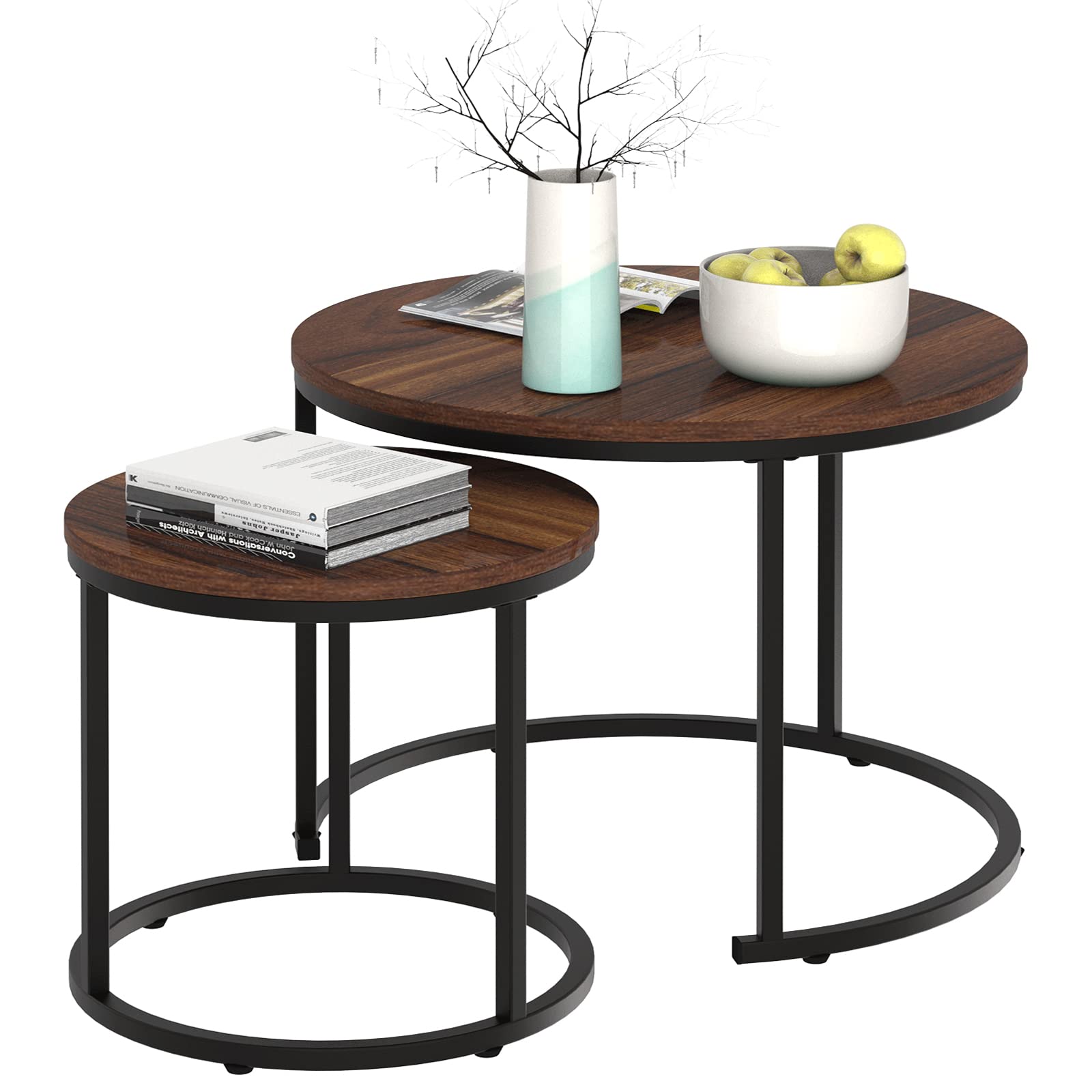 Garden 4 you Nesting Coffee Table, 23.6" Round Coffee Table Set of 2, Wooden Nesting Table Set for with Metal Frame, Side Tables for Living Room Bedroom Balcony, Brown