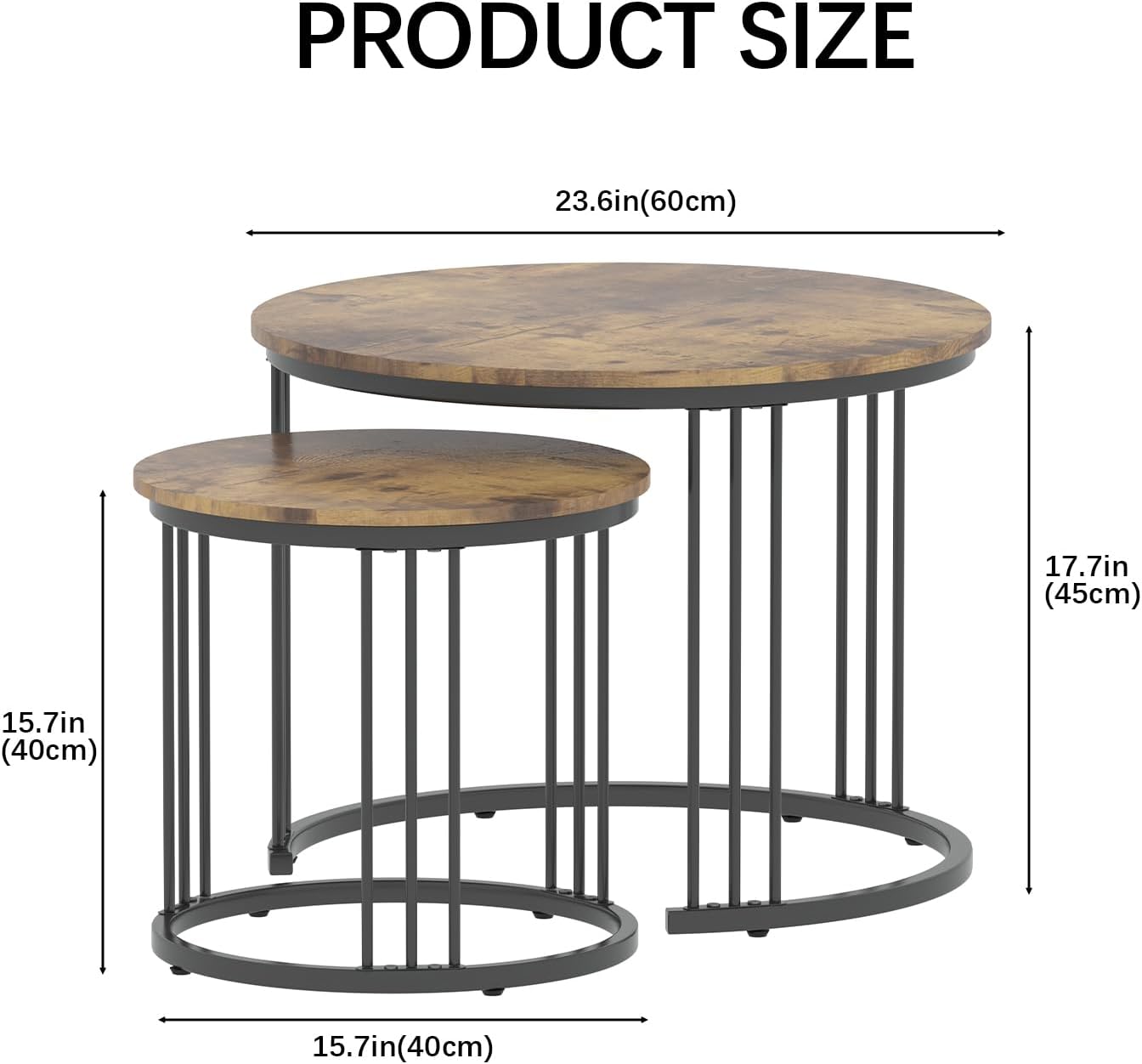 Garden 4 you Nesting Coffee Table, 23.6" Round Coffee Table Set of 2, Wooden Nesting Table with Metal Frame, Ceter Tables for Living Room Bedroom Balcony, Rustic Brown