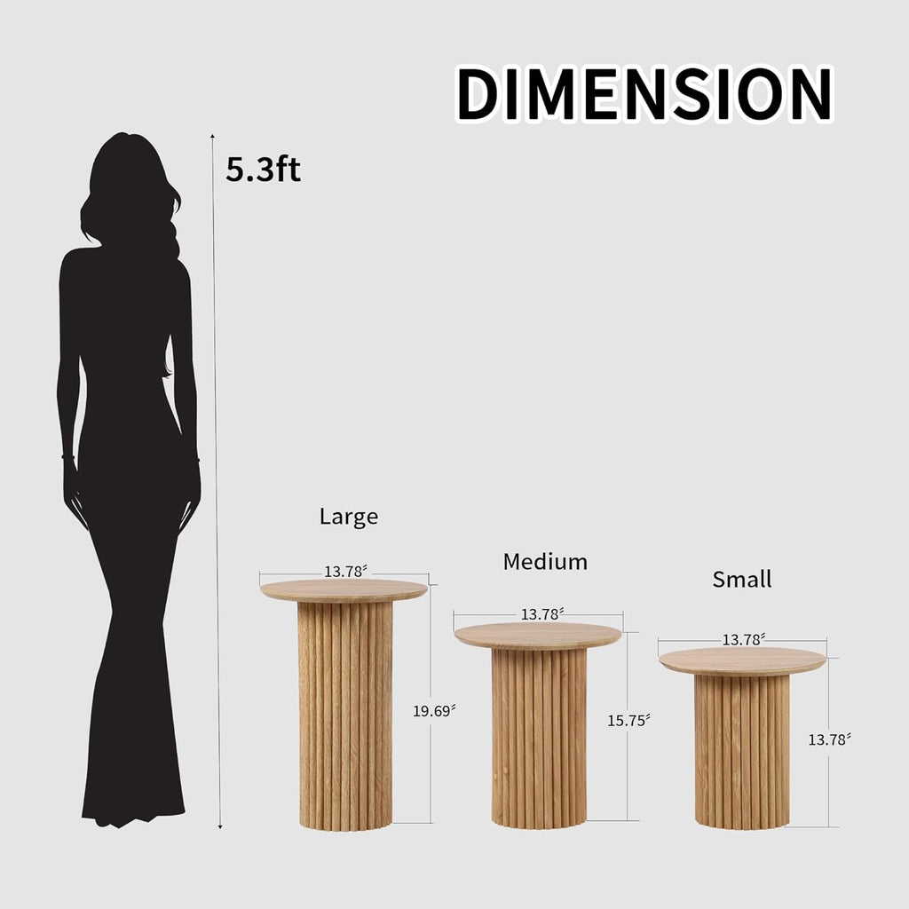 Bifins Round Nesting Coffee Table Set of 3,Mid Century Modern Fluted Coffee and End Table Set,Small Circle Wooden Side Table Drink Table for Living Room (Natural)