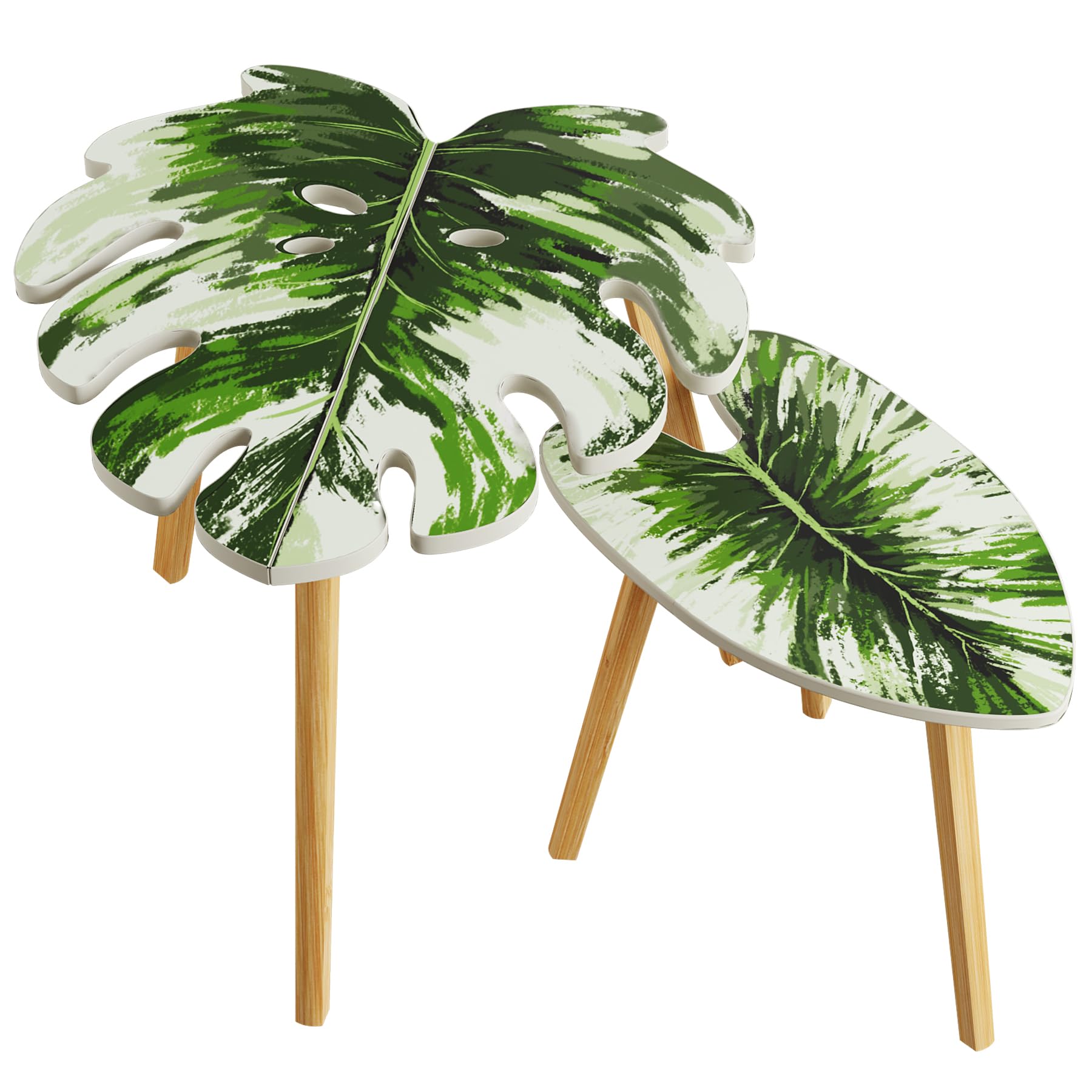 BAMEOS Monstera Leaf Nesting Tables Set of 2, Small Side Tables f Set with Leaf Vein Pattern, Modern Wooden CoffeeTables for Living Room Bedroom Apartment Balcony Yard