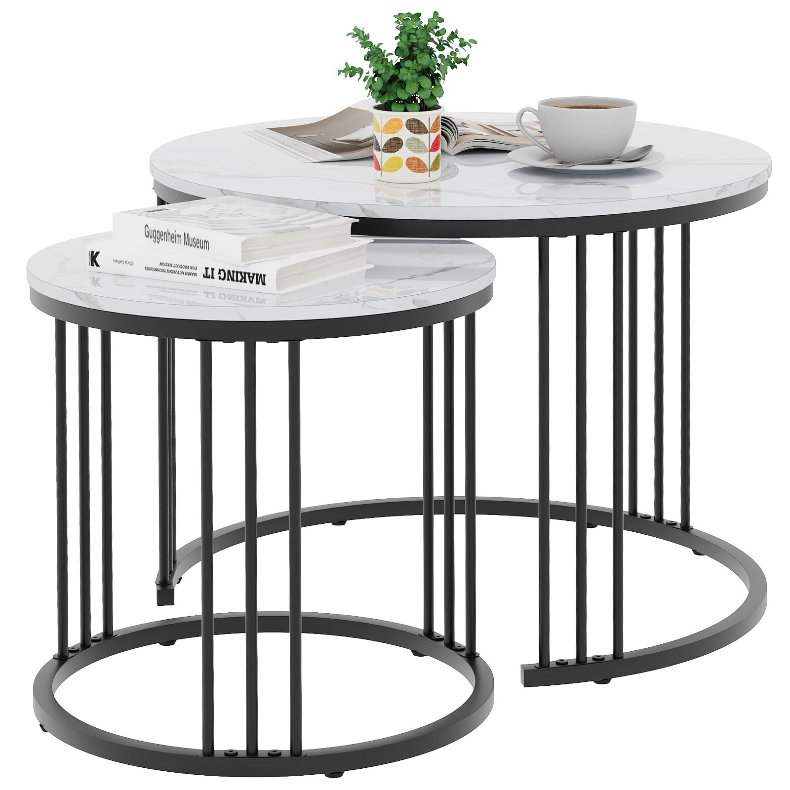 Garden 4 you Nesting Coffee Table, 23.6" Round Coffee Table Set of 2, Wooden Nesting Table with Metal Frame, Ceter Tables for Living Room Bedroom Balcony, Rustic Brown