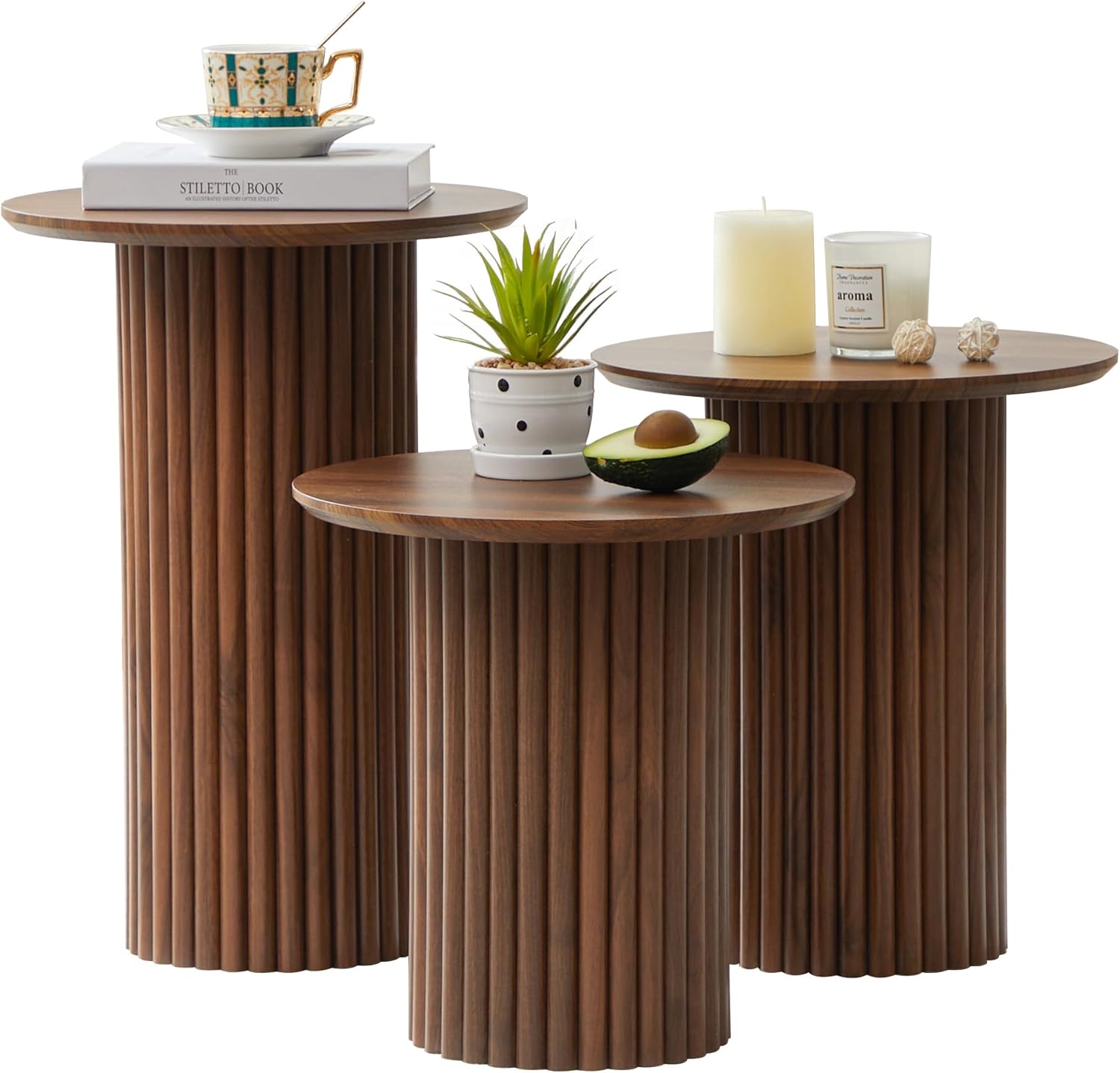 Bifins Round Nesting Coffee Table Set of 3,Mid Century Modern Fluted Coffee and End Table Set,Small Circle Wooden Side Table Drink Table for Living Room (Walnut)