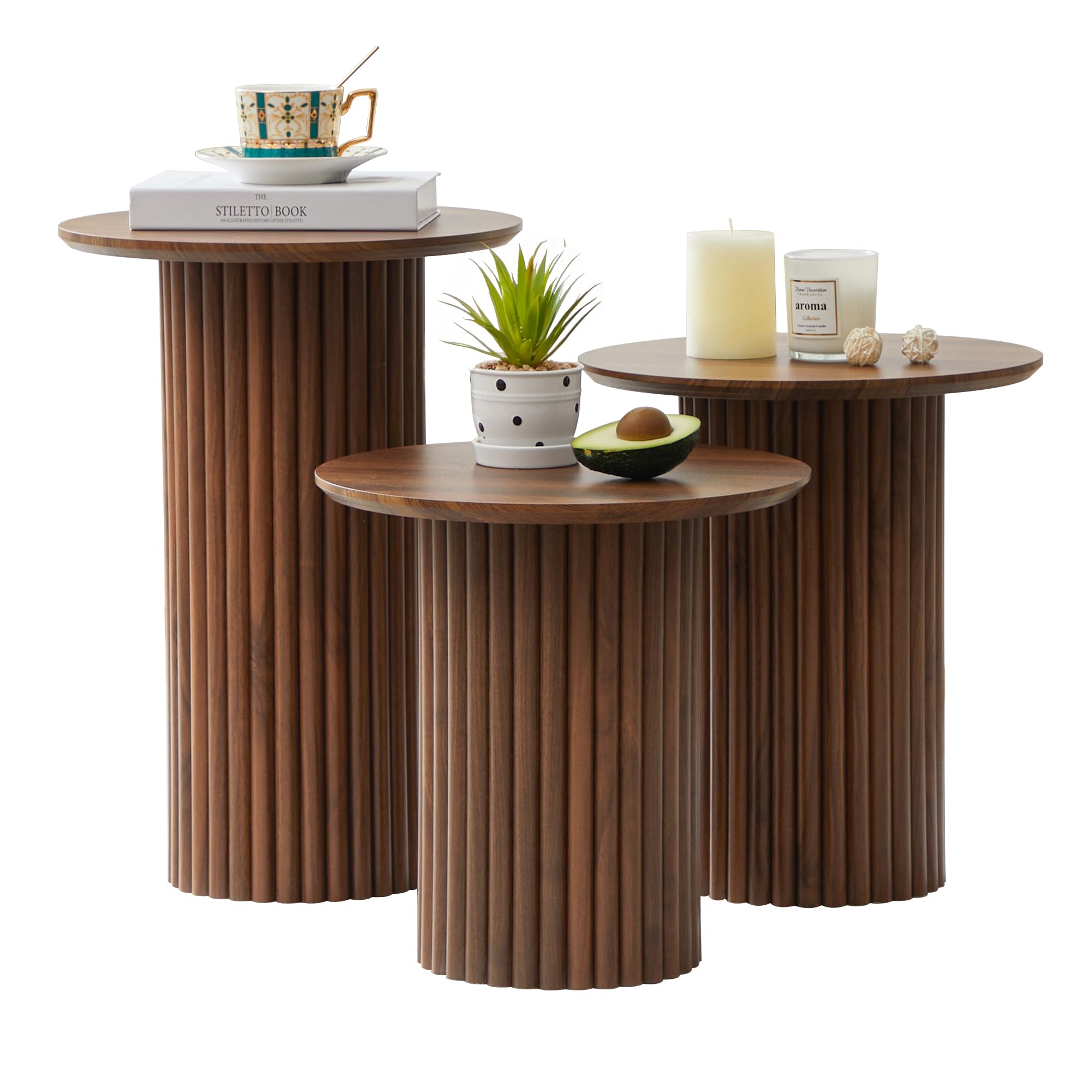 Bifins Round Nesting Coffee Table Set of 3,Mid Century Modern Fluted Coffee and End Table Set,Small Circle Wooden Side Table Drink Table for Living Room (Natural)