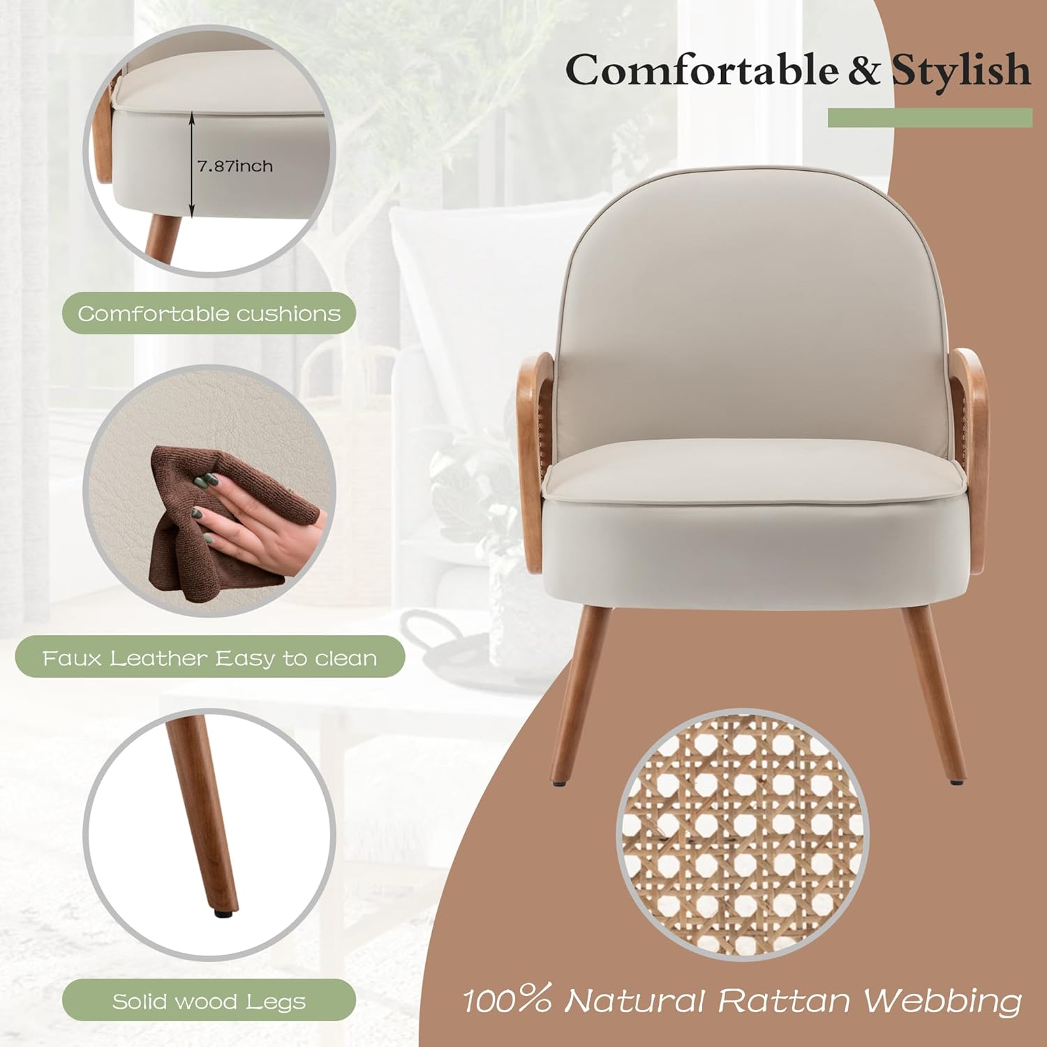 Aklaus Mid Century Modern Accent Chair Armchair with Rattan Arms Upholstered Rattan Boho Accent Chair for Living Room Bedroom Balcony Faux Leather Reading Chairs Side Club Chair Beige