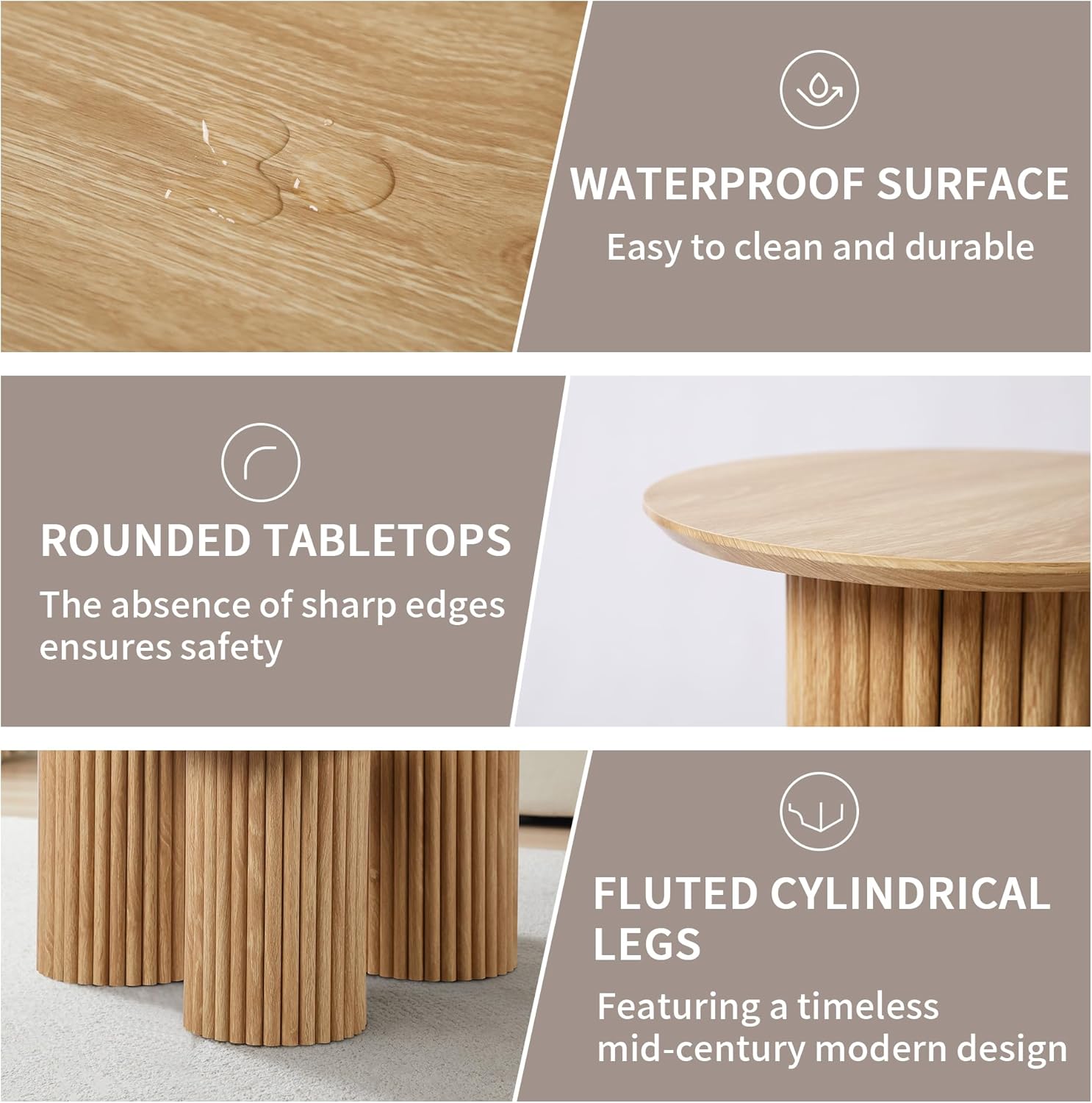 Bifins Round Nesting Coffee Table Set of 3,Mid Century Modern Fluted Coffee and End Table Set,Small Circle Wooden Side Table Drink Table for Living Room (Natural)