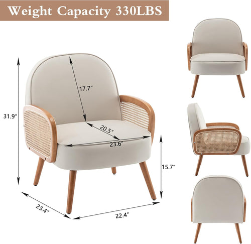 Aklaus Mid Century Modern Accent Chair Armchair with Rattan Arms Upholstered Rattan Boho Accent Chair for Living Room Bedroom Balcony Faux Leather Reading Chairs Side Club Chair Beige