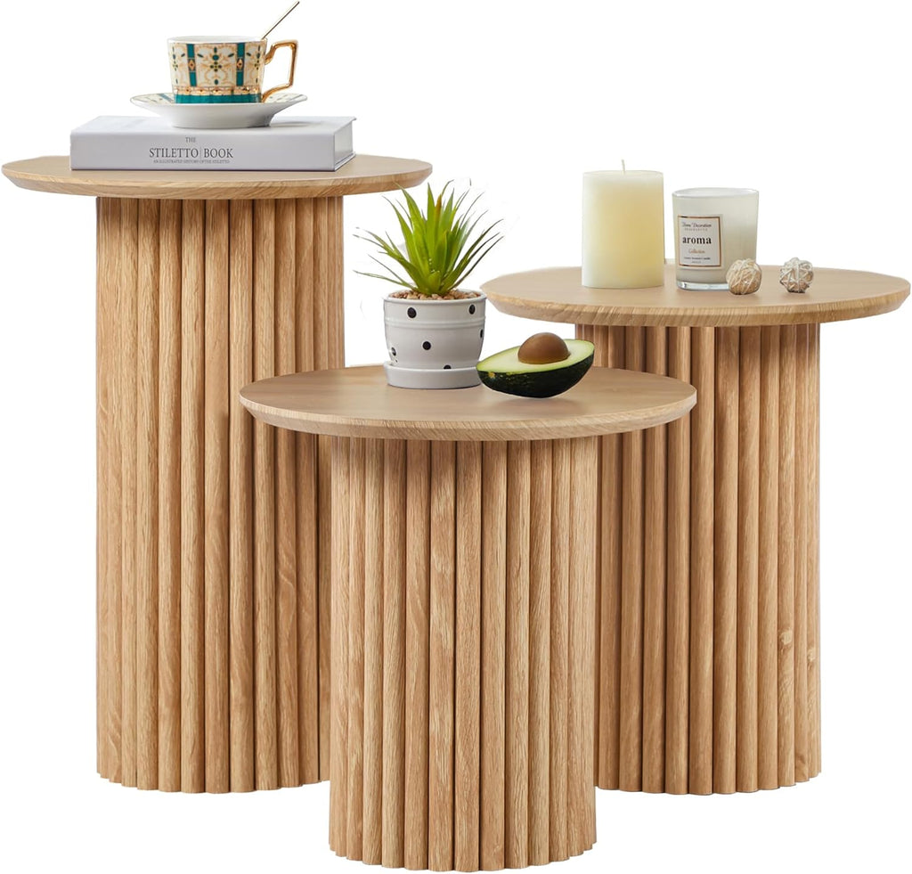 Bifins Round Nesting Coffee Table Set of 3,Mid Century Modern Fluted Coffee and End Table Set,Small Circle Wooden Side Table Drink Table for Living Room (Natural)