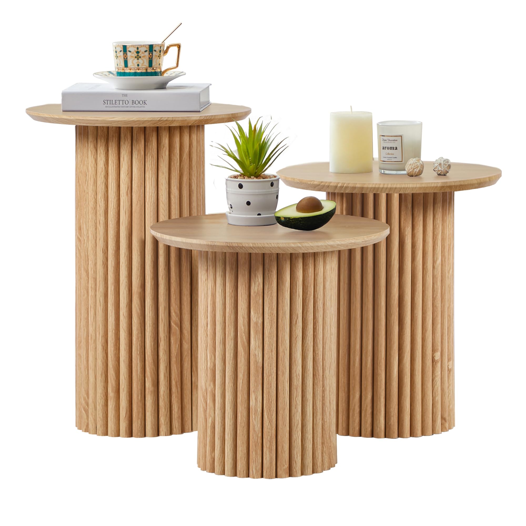 Bifins Round Nesting Coffee Table Set of 3,Mid Century Modern Fluted Coffee and End Table Set,Small Circle Wooden Side Table Drink Table for Living Room (Walnut)