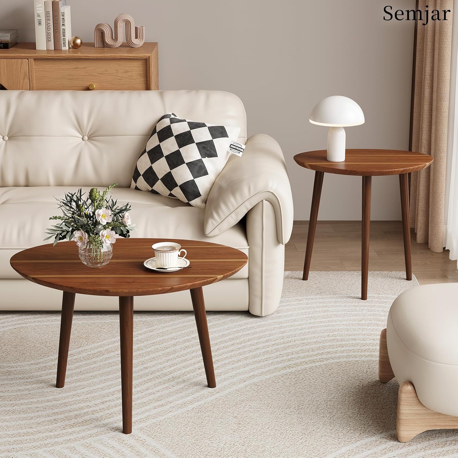 Small Oval Coffee Tables Set,Acacia Wood Nesting Tables（25.6"x17.7"+17.7"x13.4" for Living Room Small Spaces Office,Easy Assembly Wooden Minimalist Walnut Mid Century Modern Coffee Table