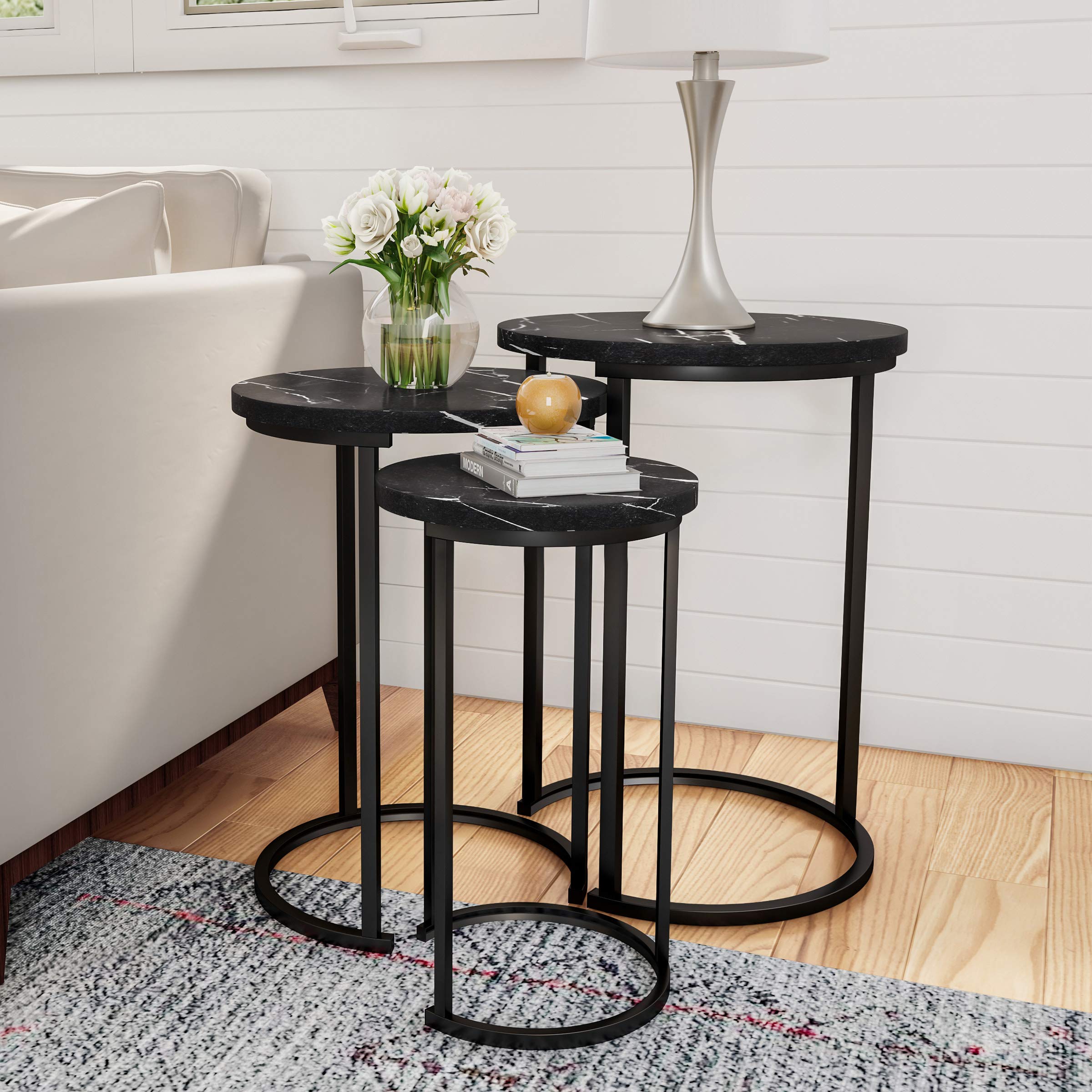 Lavish Home Nesting Tables - Set of 3 Round Side Tables for Living Room, Bedroom, or Home Office - Woodgrain-Look End Table Set - Modern Living Room Furniture (Gray/Brown)