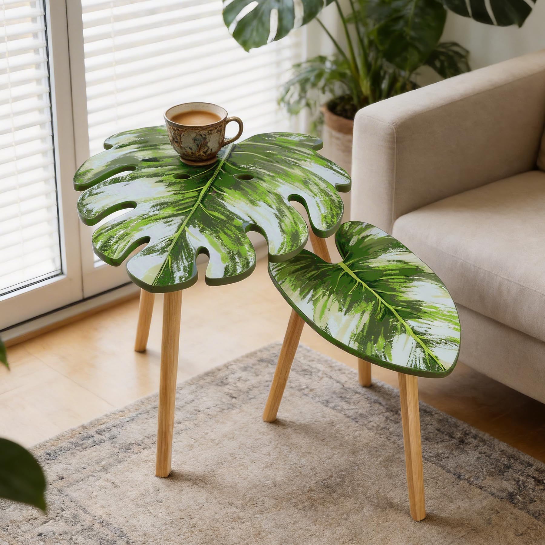 BAMEOS Monstera Leaf Nesting Tables Set of 2, Small Side Tables f Set with Leaf Vein Pattern, Modern Wooden CoffeeTables for Living Room Bedroom Apartment Balcony Yard