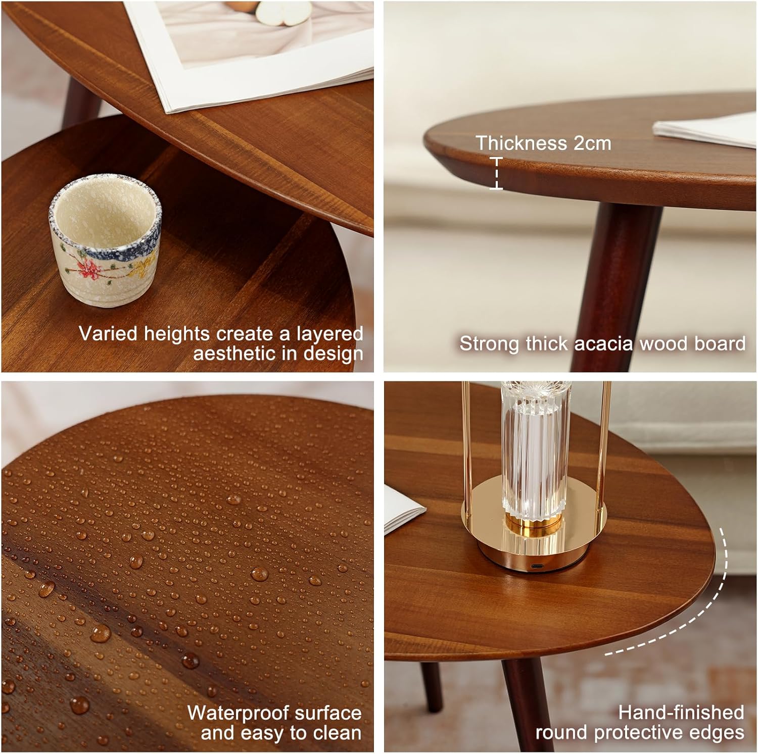 Small Oval Coffee Tables Set,Acacia Wood Nesting Tables（25.6"x17.7"+17.7"x13.4" for Living Room Small Spaces Office,Easy Assembly Wooden Minimalist Walnut Mid Century Modern Coffee Table