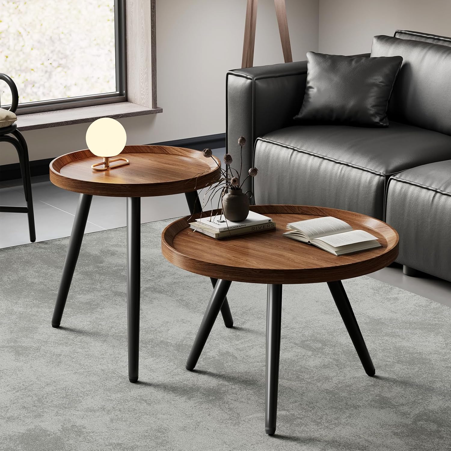 2 PCS Small Round Coffee Table Set, Mid Century Modern Coffee Tables for Living Room, Walnut Nesting Tables for Small Spaces, Easy Assembly Circle Wood Center Table,Black Nesting Coffee Table Set of 2