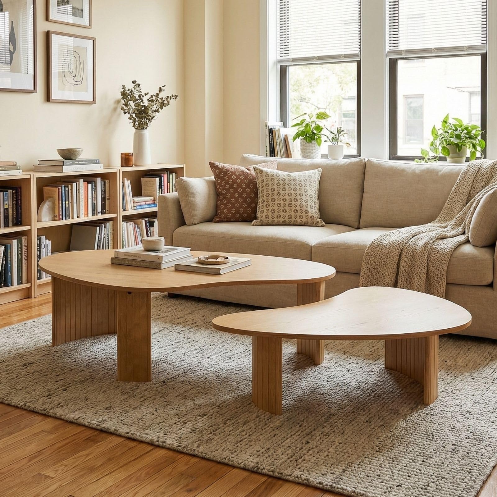 Hyfirm Walnut Nesting Coffee Tables Set of 2, Mid Century Modern Center Table with Fluted Wooden Legs and Oval Mango Shape for Living Room, Small Apartment