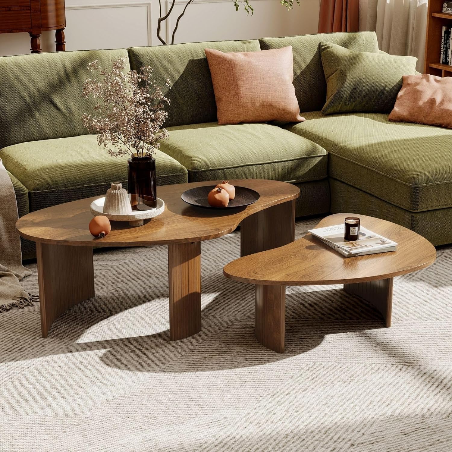 Hyfirm Walnut Nesting Coffee Tables Set of 2, Mid Century Modern Center Table with Fluted Wooden Legs and Oval Mango Shape for Living Room, Small Apartment