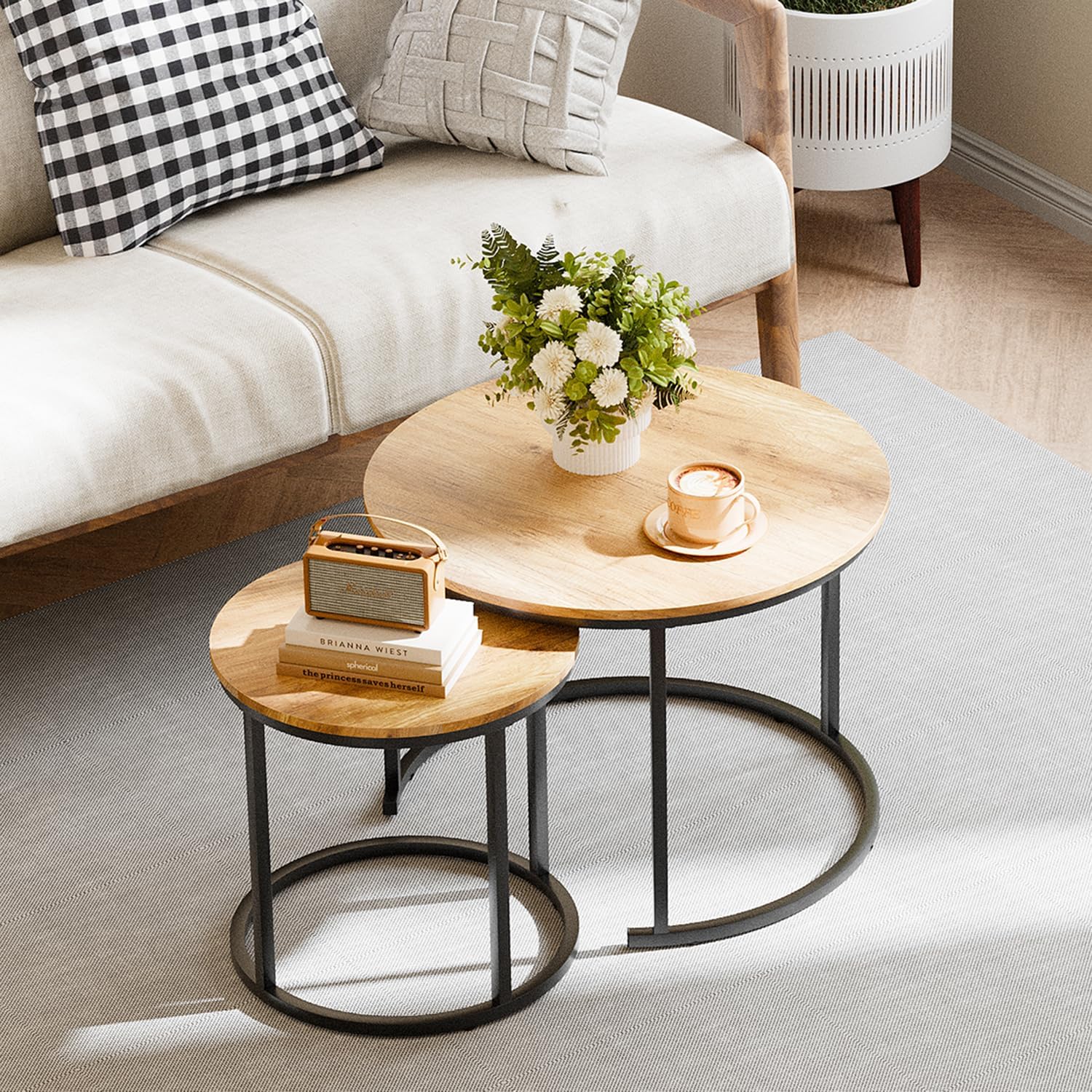 Garden 4 you Nesting Coffee Table, 23.6" Round Coffee Table Set of 2, Wooden Nesting Table Set for with Metal Frame, Side Tables for Living Room Bedroom Balcony, Brown