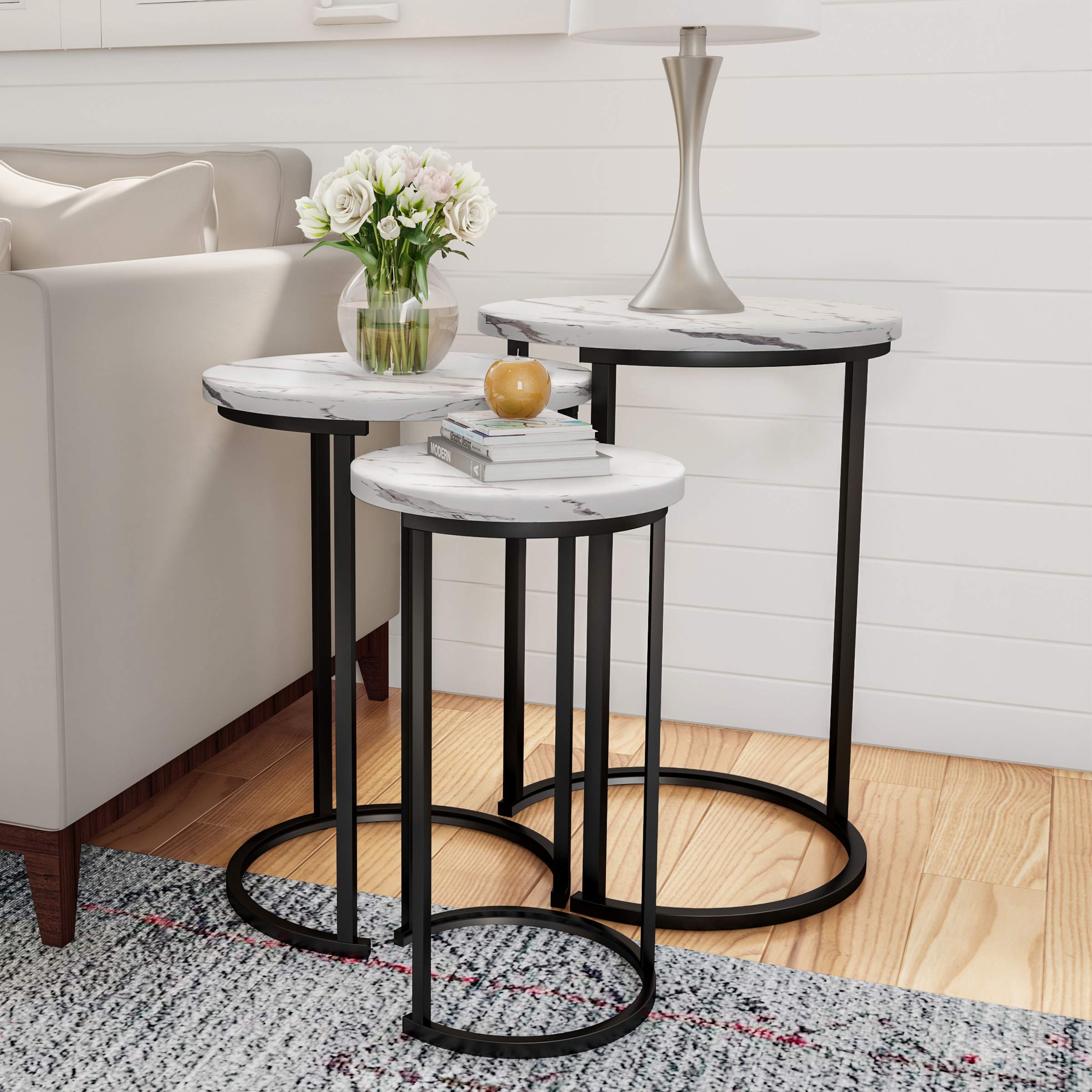 Lavish Home Nesting Tables - Set of 3 Round Side Tables for Living Room, Bedroom, or Home Office - Woodgrain-Look End Table Set - Modern Living Room Furniture (Gray/Brown)