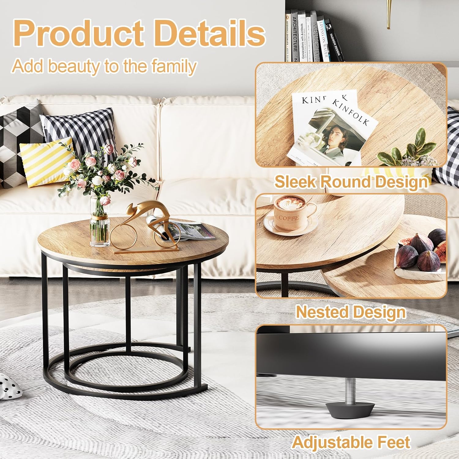 Garden 4 you Nesting Coffee Table, 23.6" Round Coffee Table Set of 2, Wooden Nesting Table Set for with Metal Frame, Side Tables for Living Room Bedroom Balcony, Brown