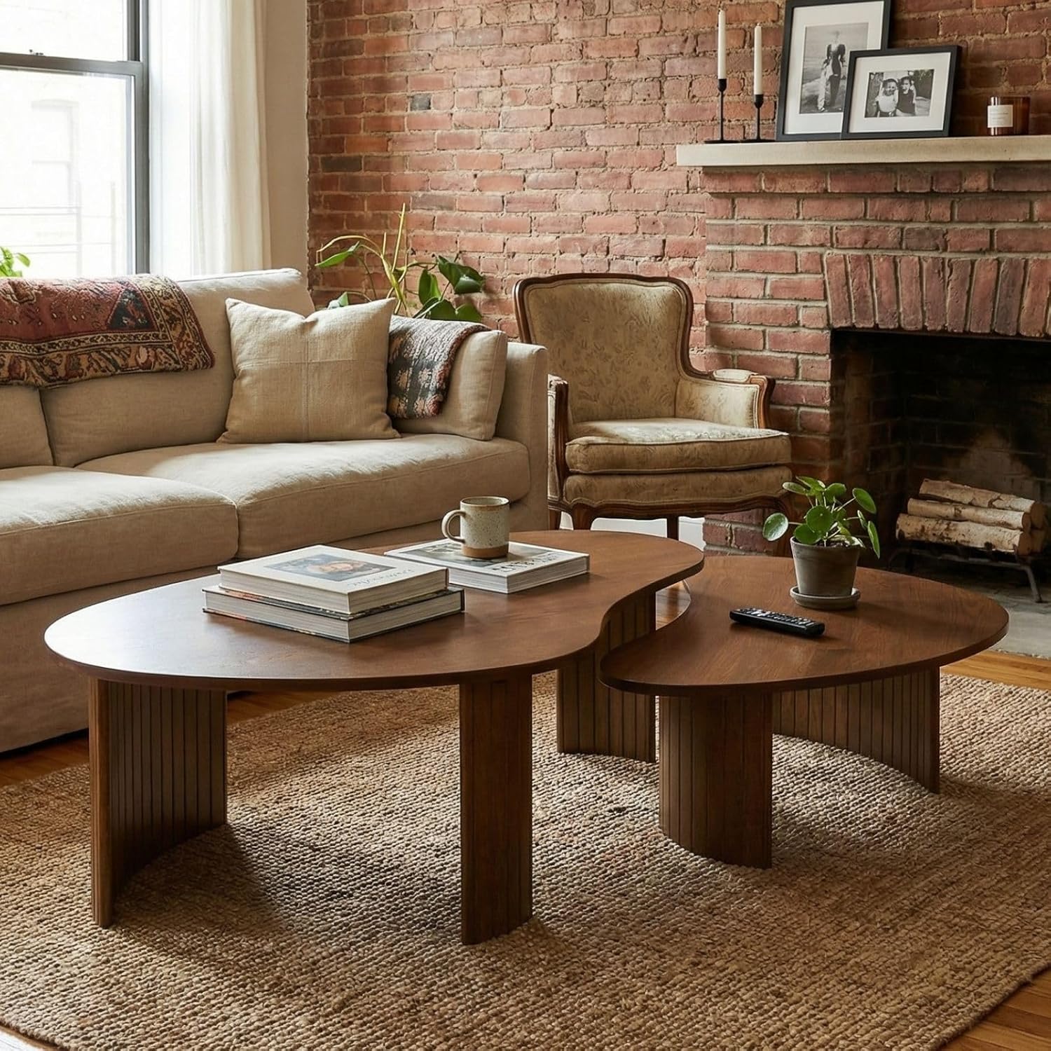 Hyfirm Walnut Nesting Coffee Tables Set of 2, Mid Century Modern Center Table with Fluted Wooden Legs and Oval Mango Shape for Living Room, Small Apartment