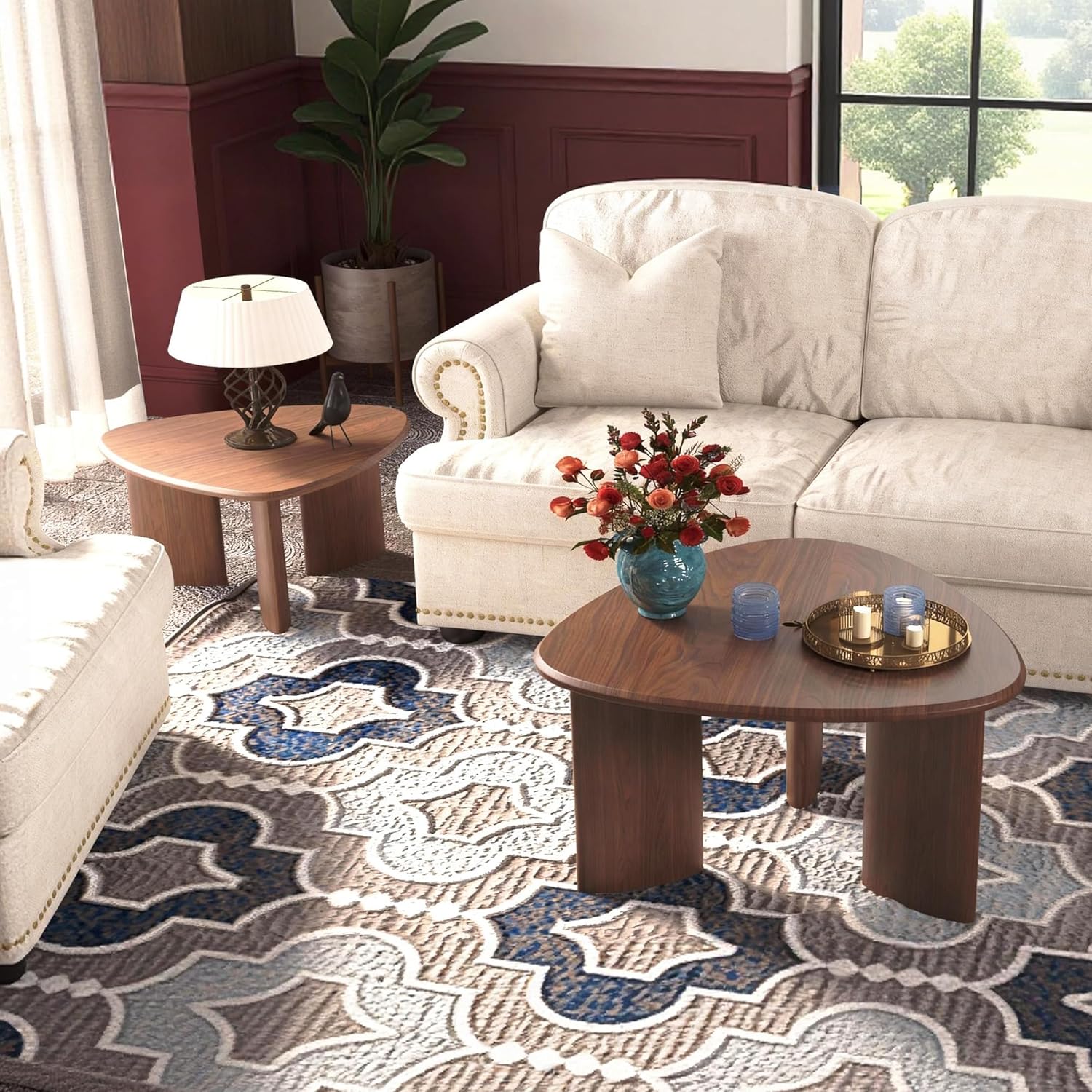 Honyee Nesting Coffee Table Set of 2, Modern Walnut Wood Veneer Coffee Table and Side Table Set for Living Room, Small End Table Set with Flexible Use and Space-Saving Design