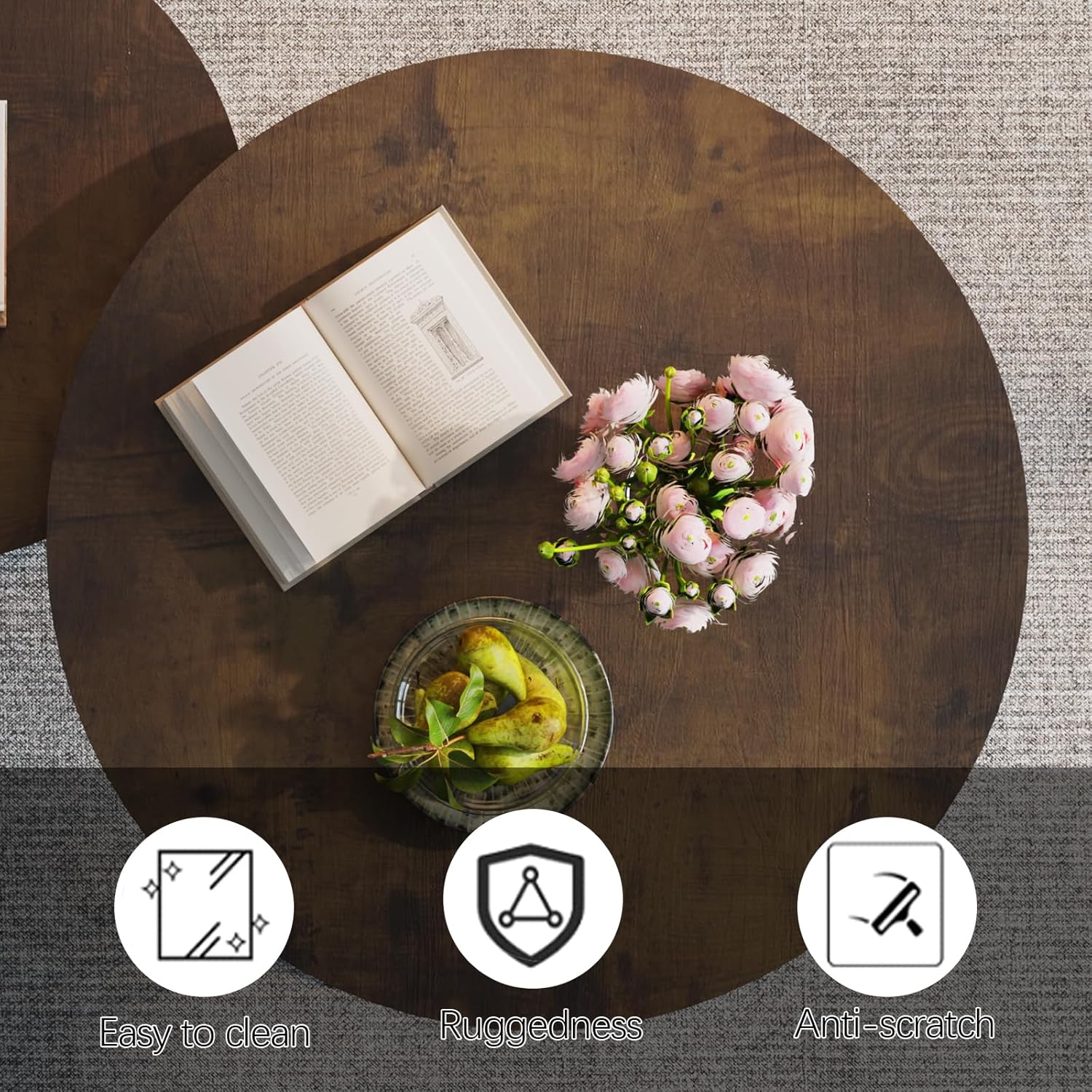 Garden 4 you Nesting Coffee Table, 23.6" Round Coffee Table Set of 2, Wooden Nesting Table with Metal Frame, Ceter Tables for Living Room Bedroom Balcony, Rustic Brown