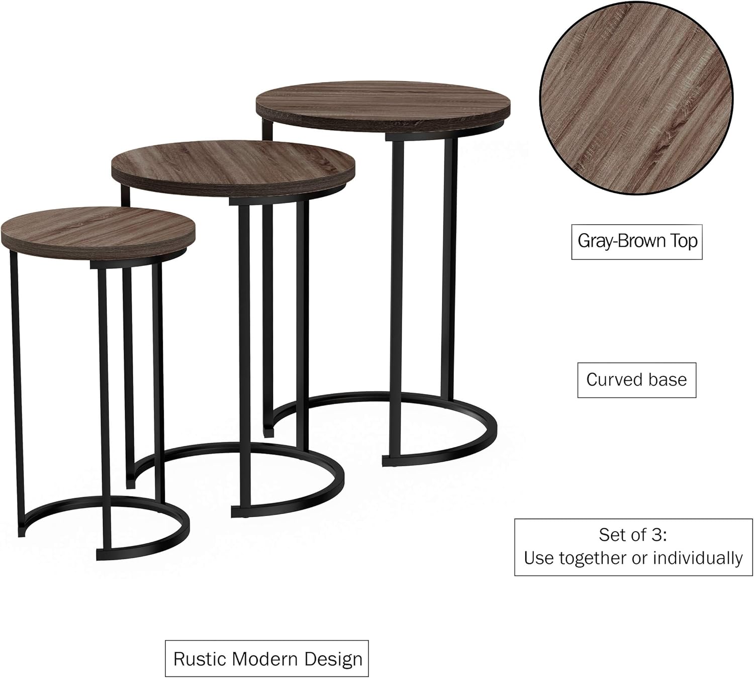 Lavish Home Nesting Tables - Set of 3 Round Side Tables for Living Room, Bedroom, or Home Office - Woodgrain-Look End Table Set - Modern Living Room Furniture (Gray/Brown)