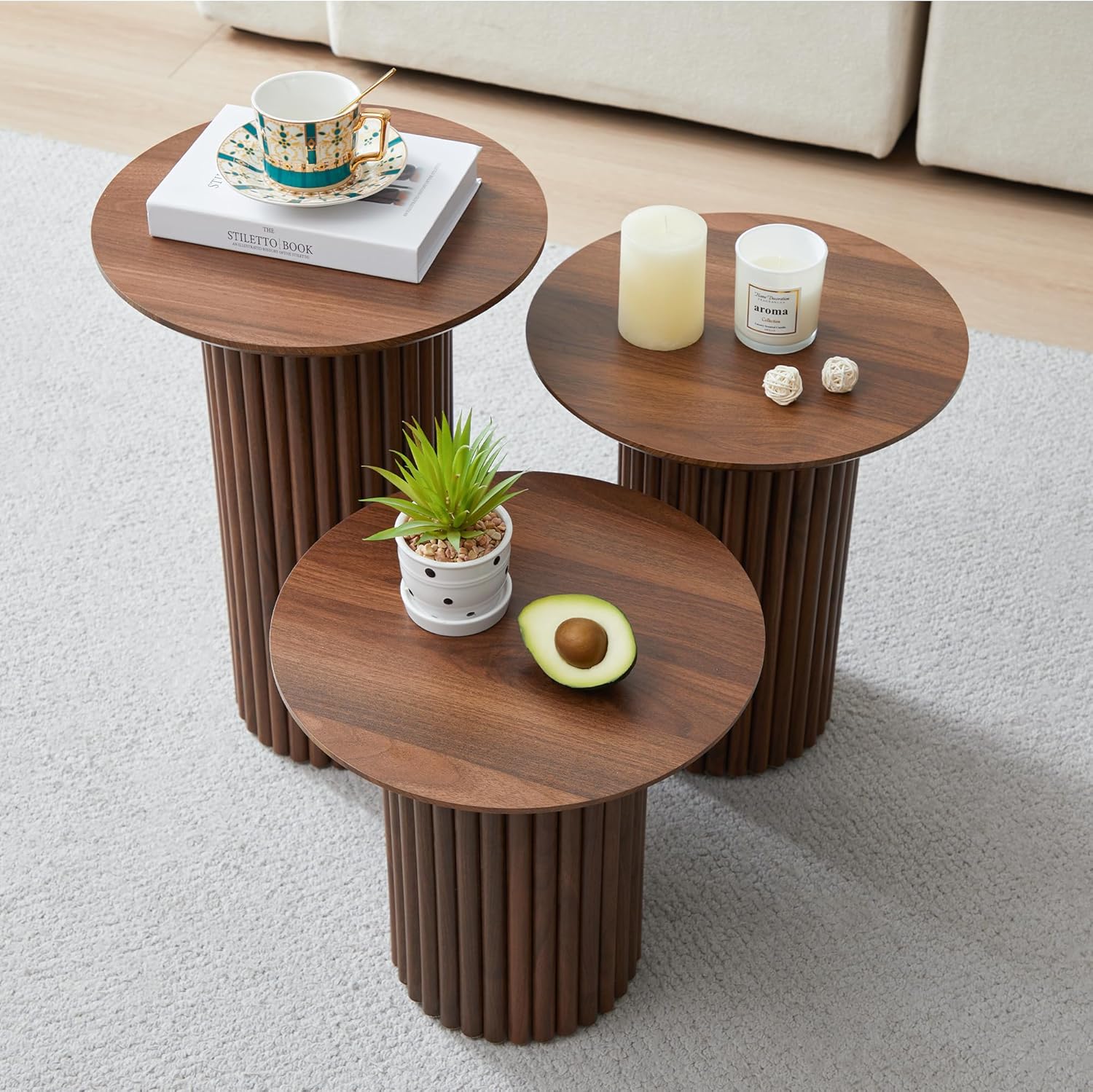 Bifins Round Nesting Coffee Table Set of 3,Mid Century Modern Fluted Coffee and End Table Set,Small Circle Wooden Side Table Drink Table for Living Room (Walnut)