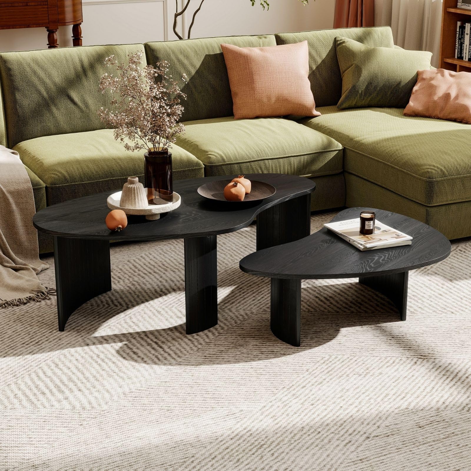 Hyfirm Walnut Nesting Coffee Tables Set of 2, Mid Century Modern Center Table with Fluted Wooden Legs and Oval Mango Shape for Living Room, Small Apartment