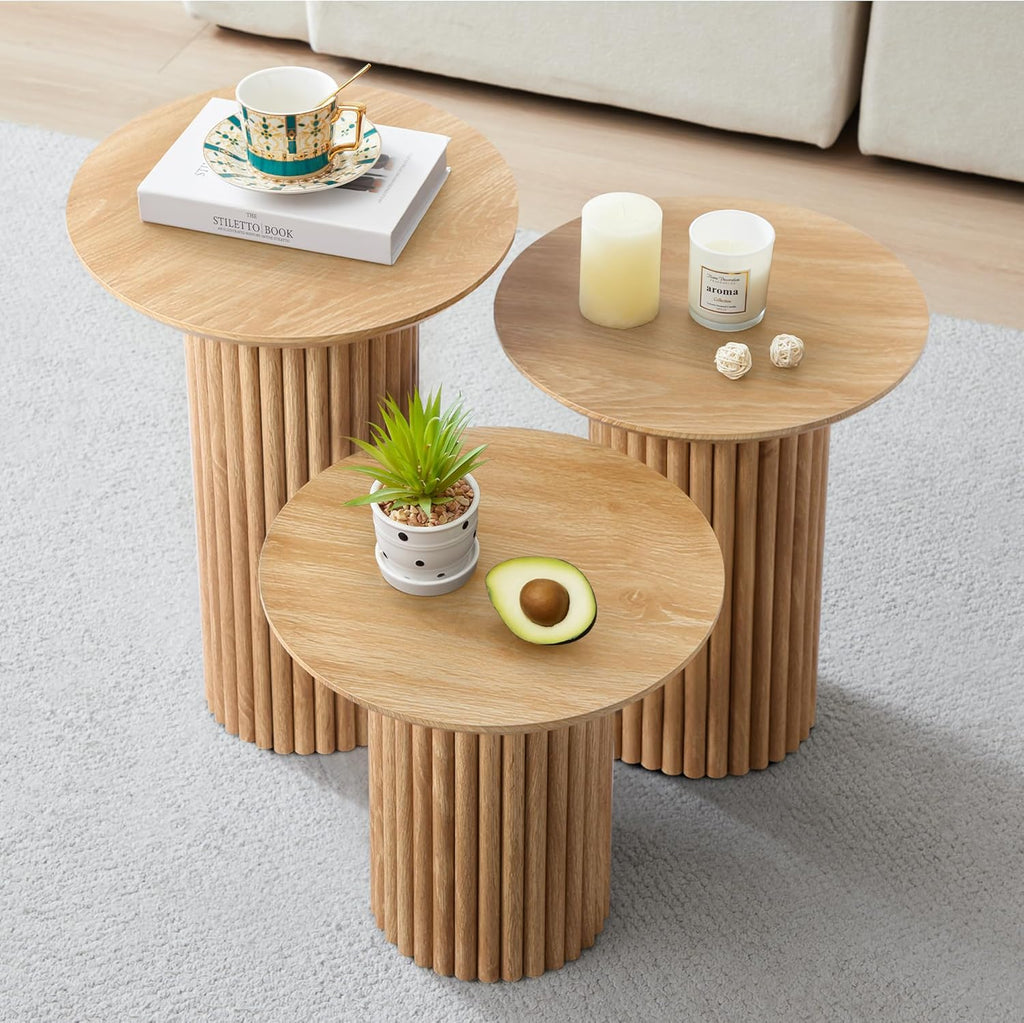 Bifins Round Nesting Coffee Table Set of 3,Mid Century Modern Fluted Coffee and End Table Set,Small Circle Wooden Side Table Drink Table for Living Room (Natural)