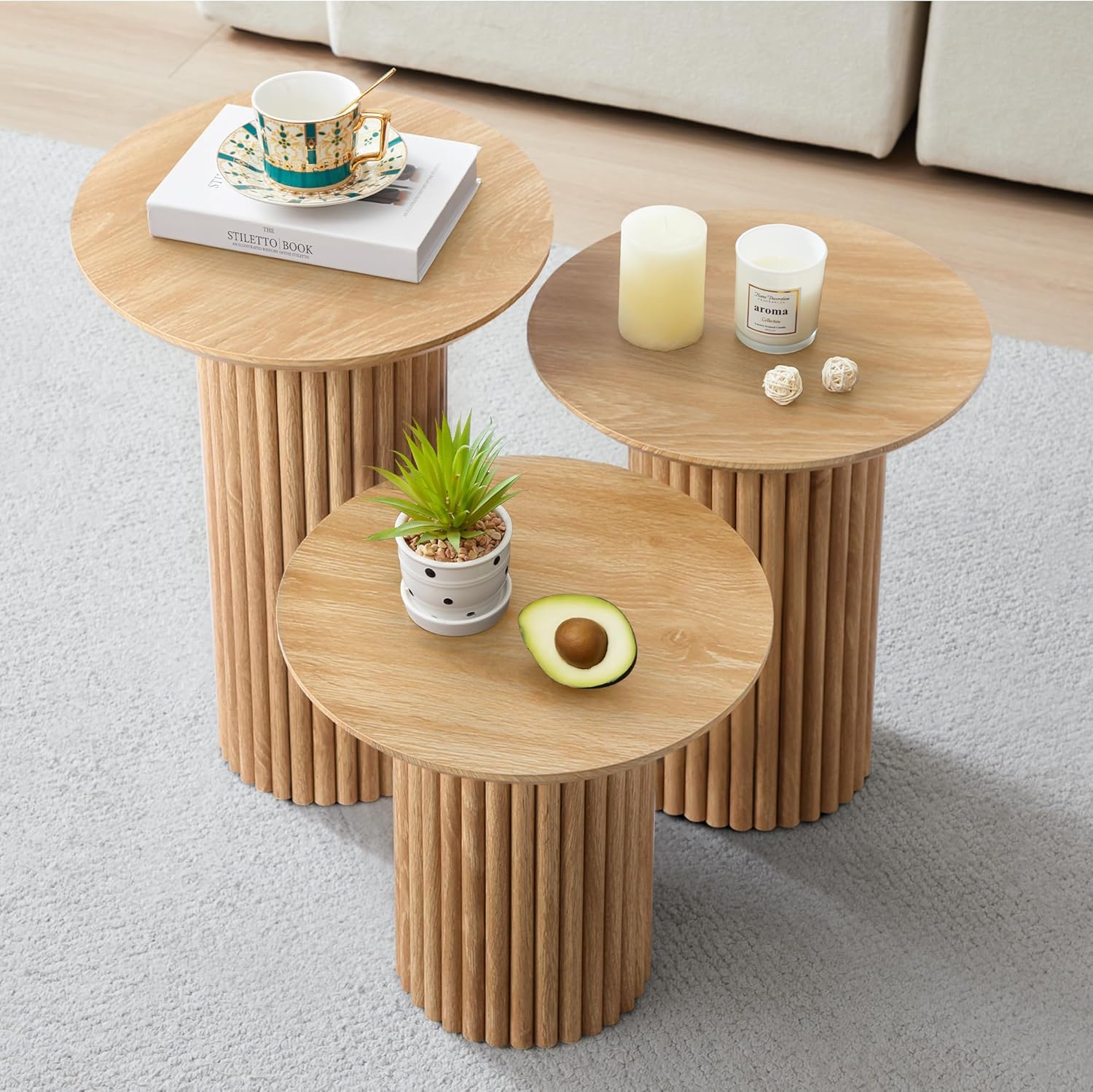 Bifins Round Nesting Coffee Table Set of 3,Mid Century Modern Fluted Coffee and End Table Set,Small Circle Wooden Side Table Drink Table for Living Room (Natural)