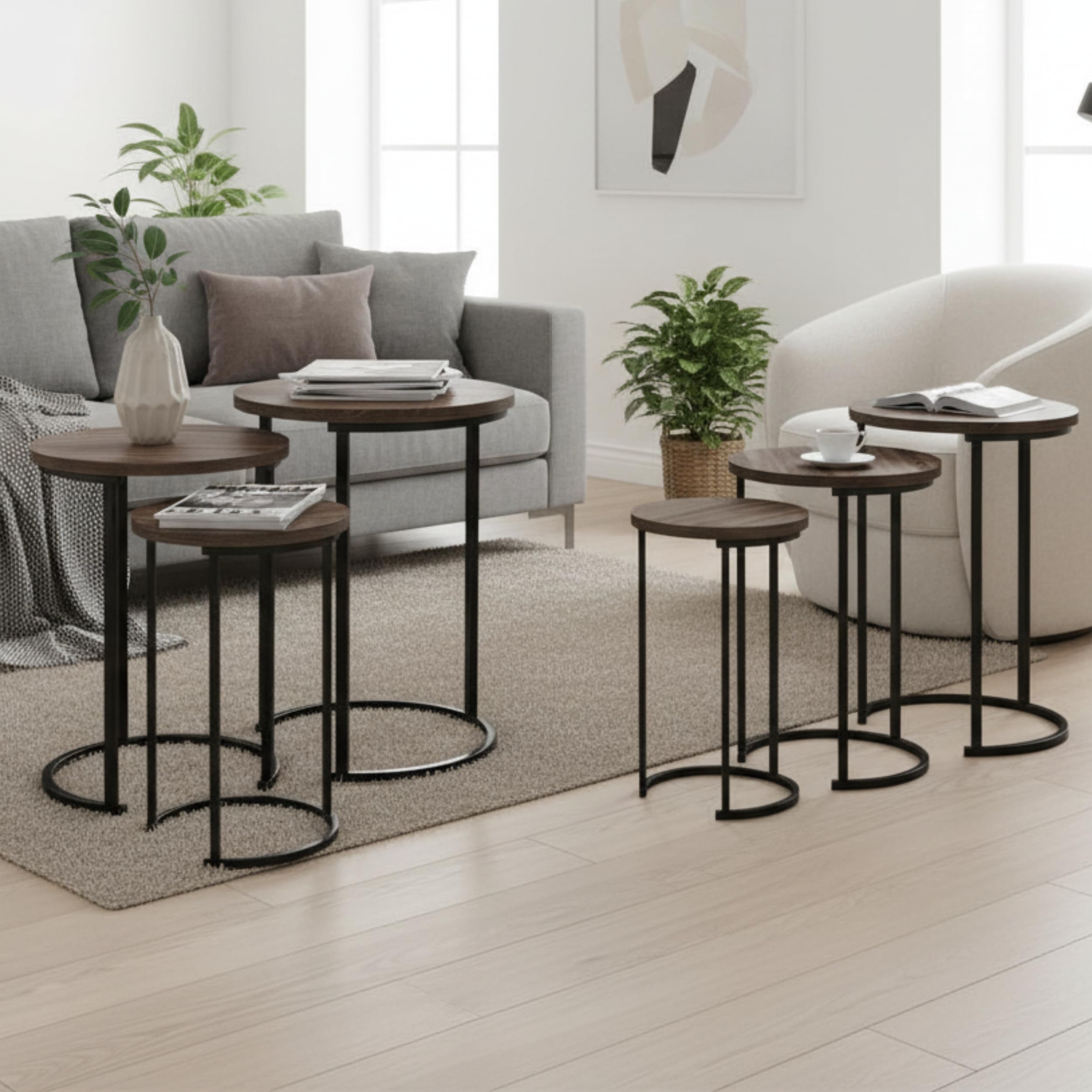 Lavish Home Nesting Tables - Set of 3 Round Side Tables for Living Room, Bedroom, or Home Office - Woodgrain-Look End Table Set - Modern Living Room Furniture (Gray/Brown)