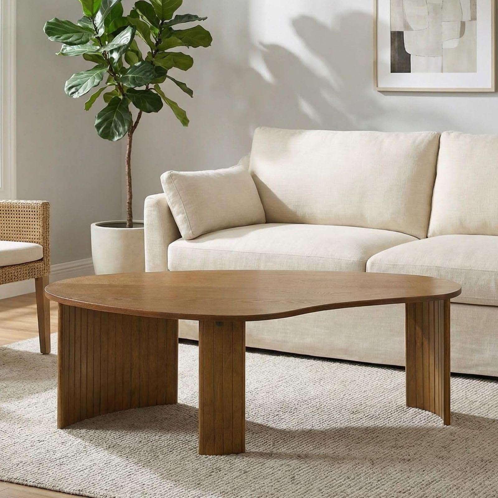 Hyfirm Walnut Nesting Coffee Tables Set of 2, Mid Century Modern Center Table with Fluted Wooden Legs and Oval Mango Shape for Living Room, Small Apartment