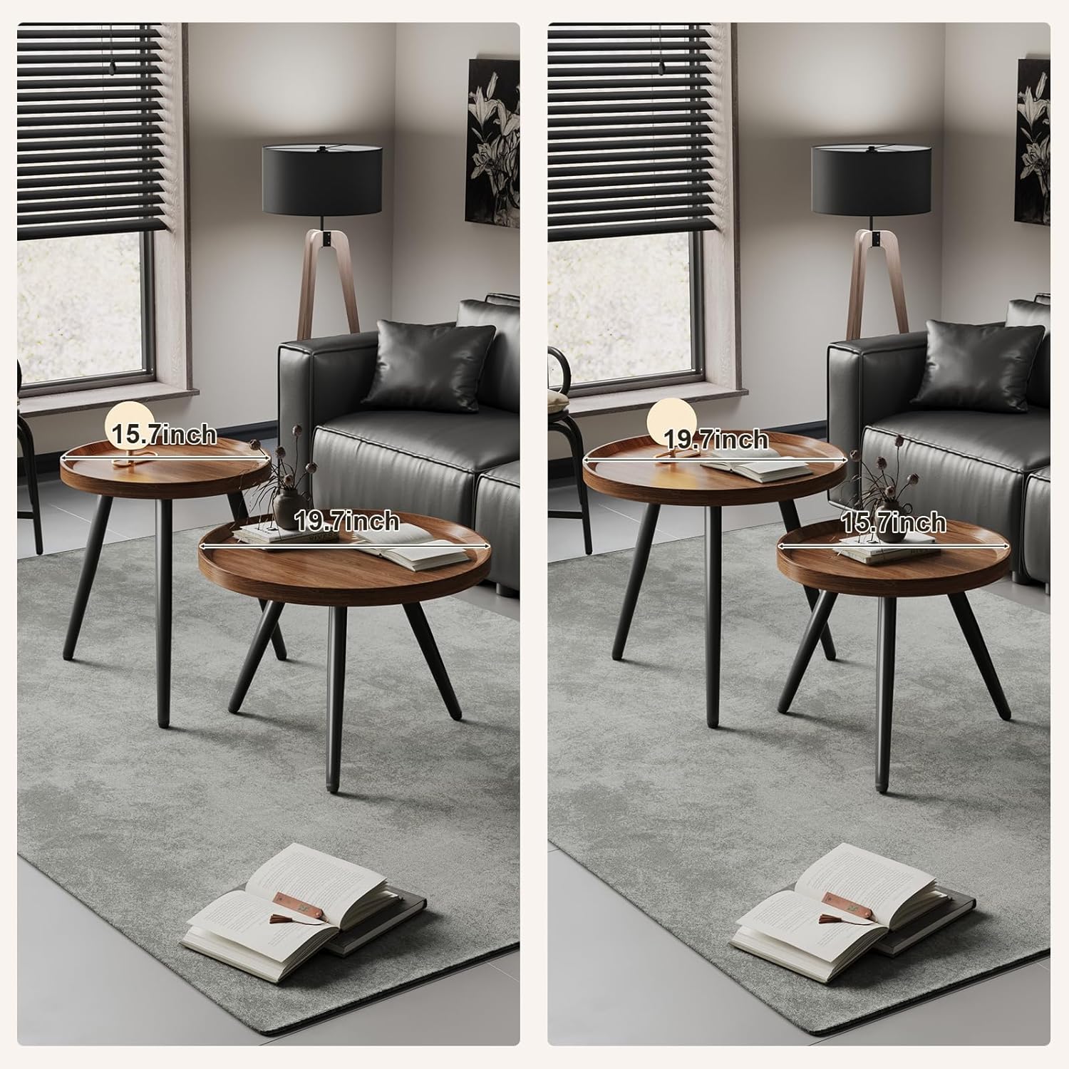 2 PCS Small Round Coffee Table Set, Mid Century Modern Coffee Tables for Living Room, Walnut Nesting Tables for Small Spaces, Easy Assembly Circle Wood Center Table,Black Nesting Coffee Table Set of 2