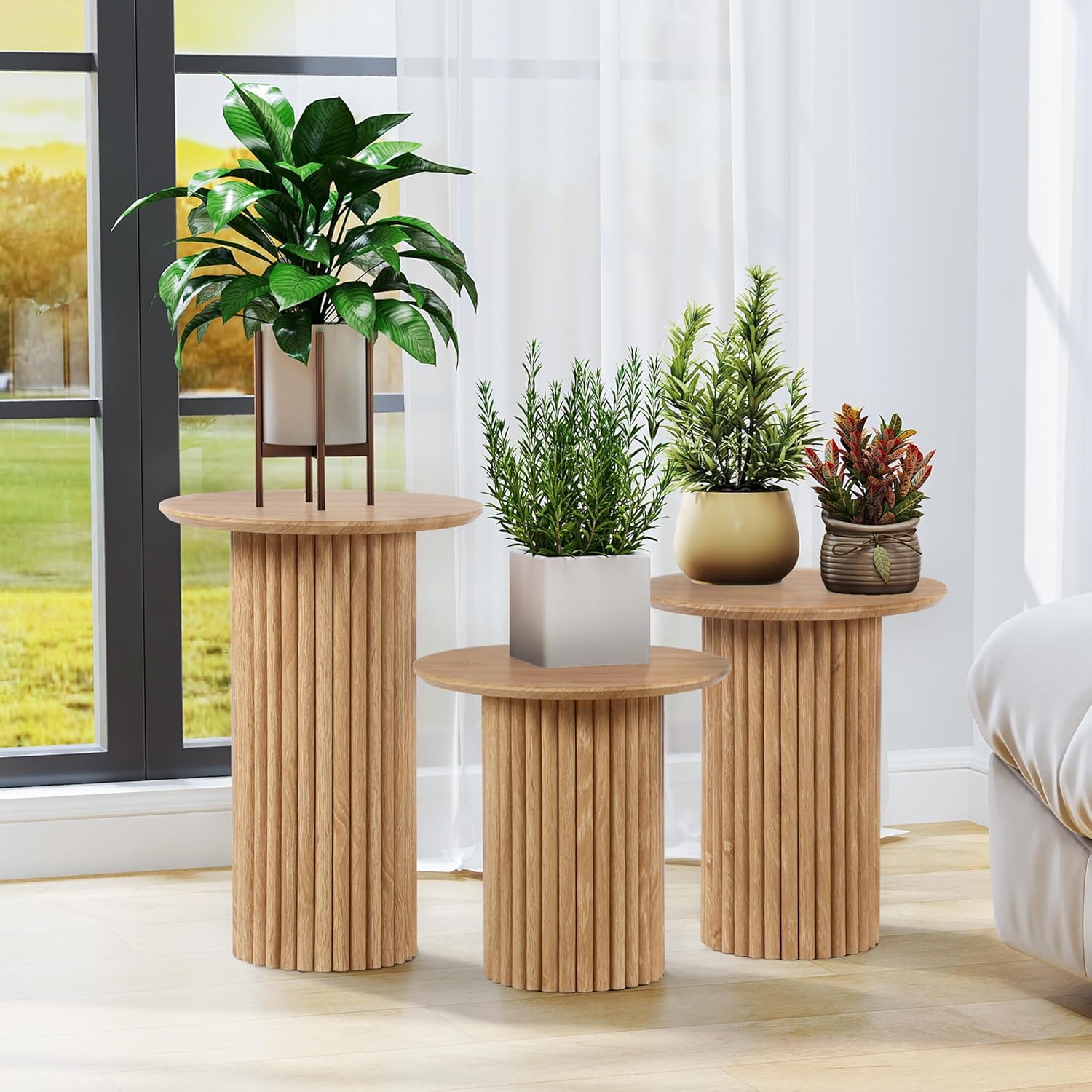 Bifins Round Nesting Coffee Table Set of 3,Mid Century Modern Fluted Coffee and End Table Set,Small Circle Wooden Side Table Drink Table for Living Room (Natural)