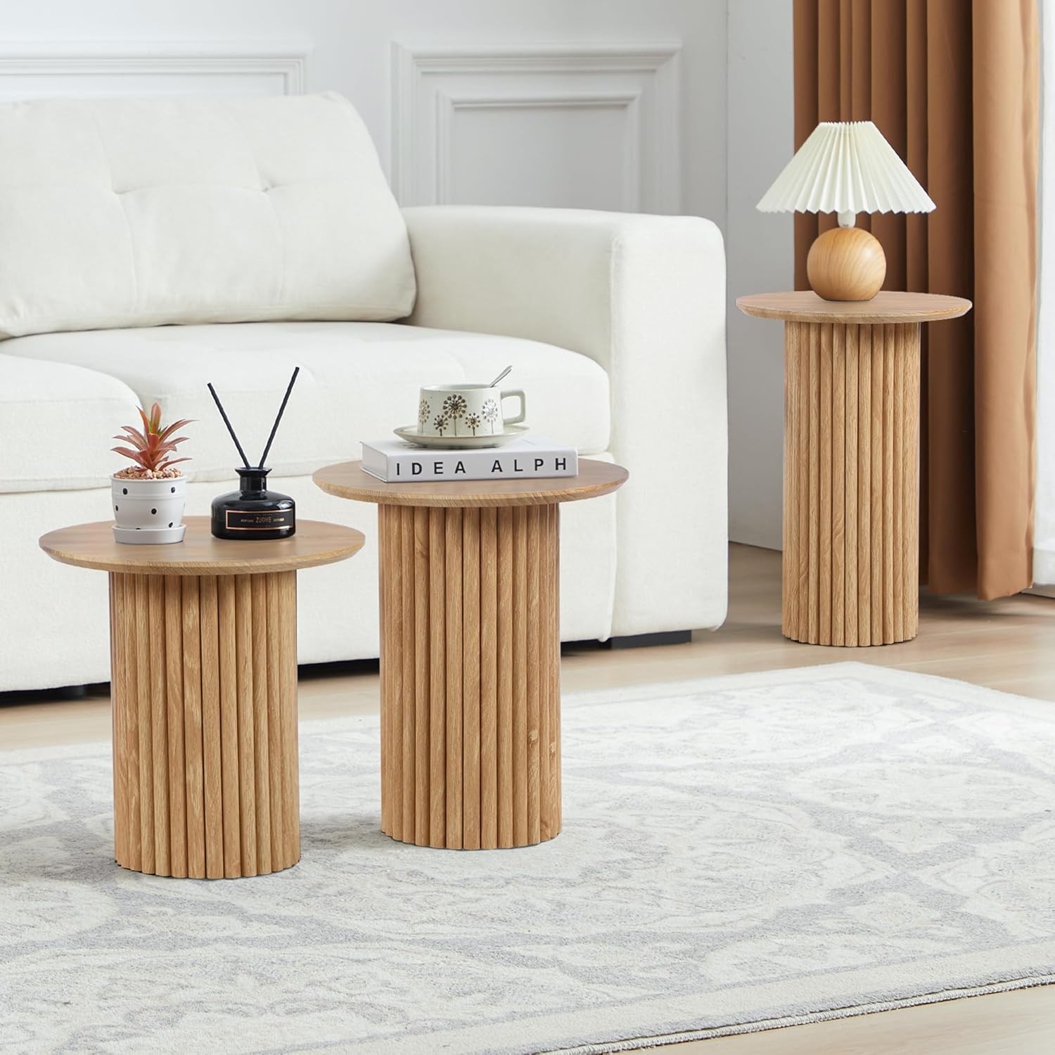 Bifins Round Nesting Coffee Table Set of 3,Mid Century Modern Fluted Coffee and End Table Set,Small Circle Wooden Side Table Drink Table for Living Room (Natural)
