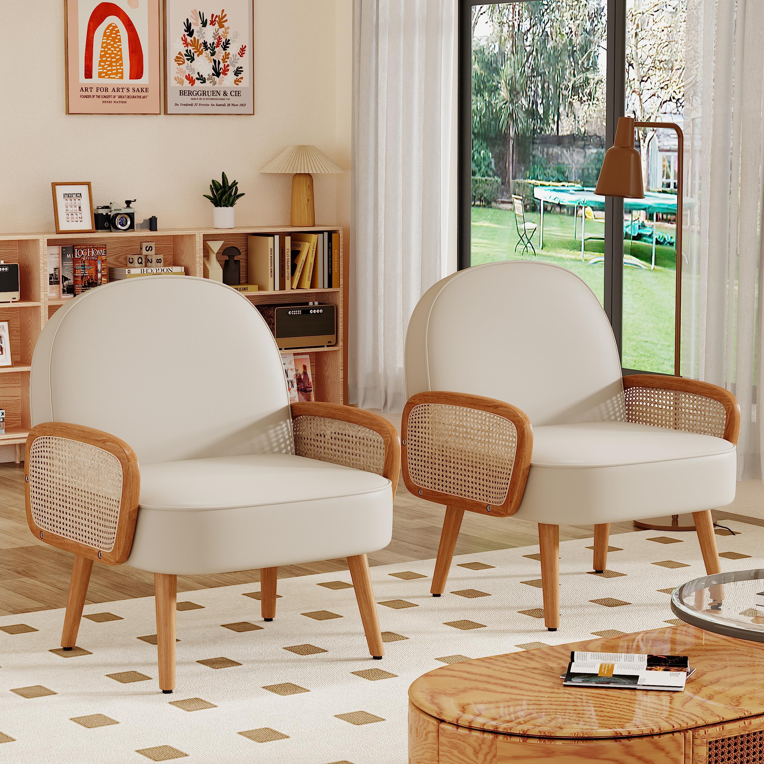 Aklaus Mid Century Modern Accent Chair Armchair with Rattan Arms Upholstered Rattan Boho Accent Chair for Living Room Bedroom Balcony Faux Leather Reading Chairs Side Club Chair Beige