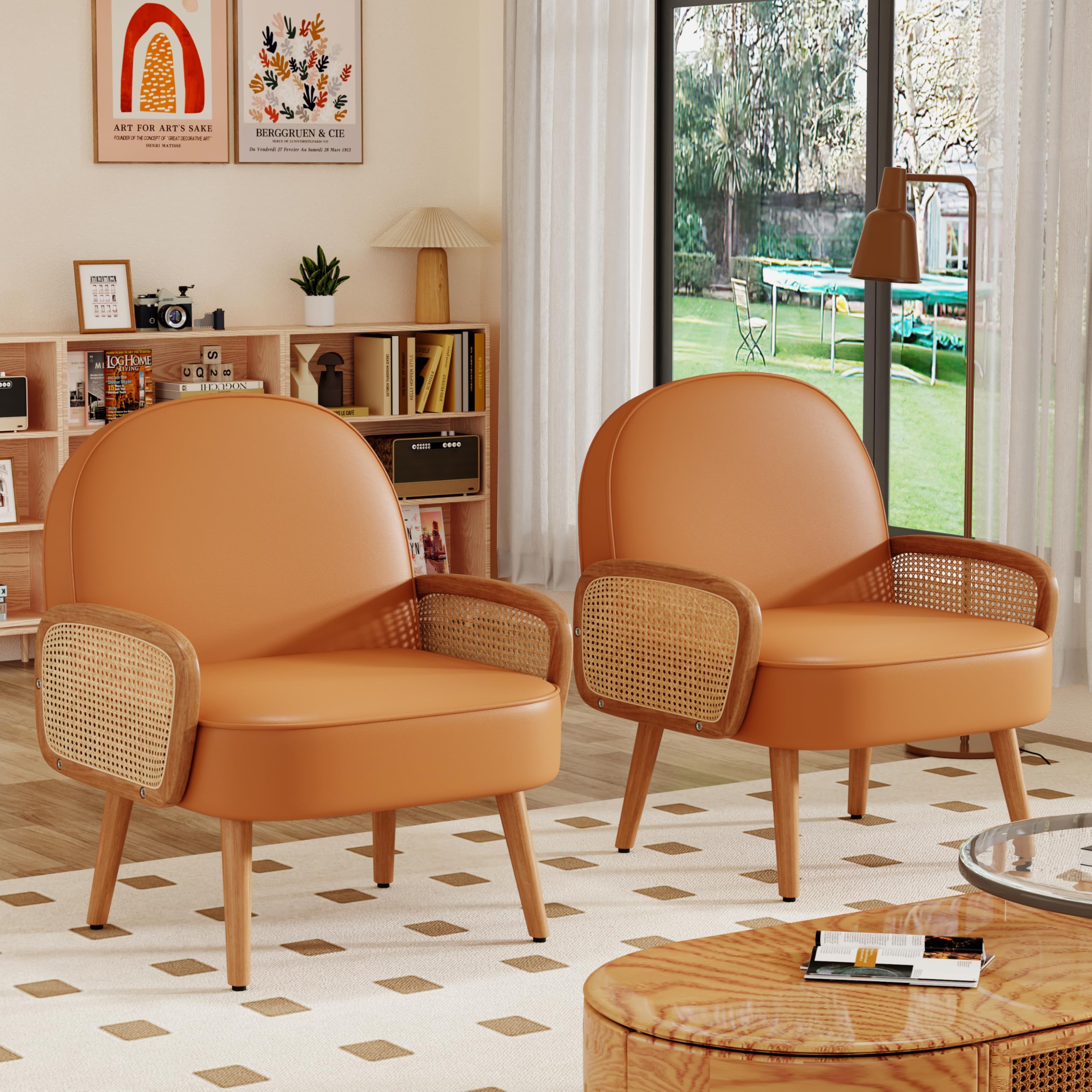 Aklaus Mid Century Modern Accent Chair Armchair with Rattan Arms Upholstered Rattan Boho Accent Chair for Living Room Bedroom Balcony Faux Leather Reading Chairs Side Club Chair Beige