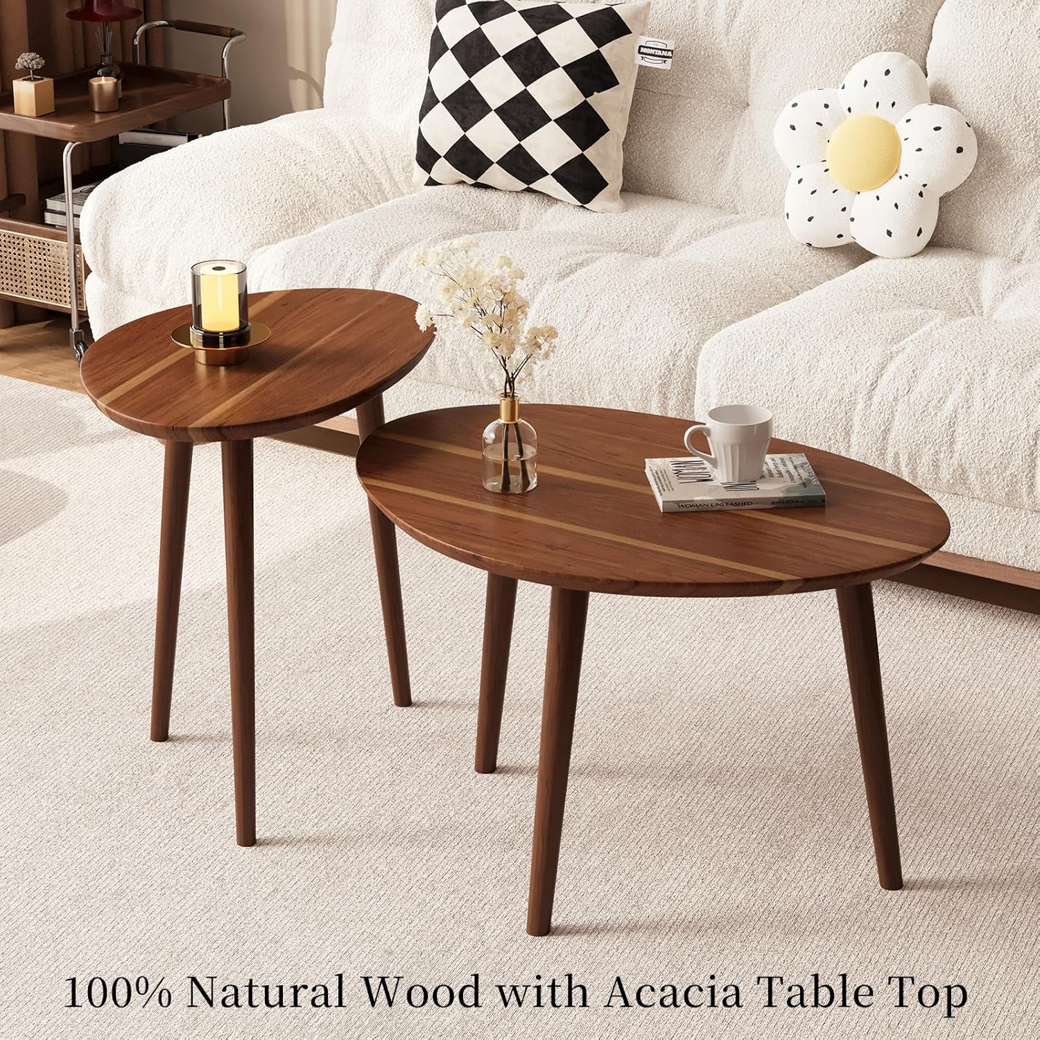 Small Oval Coffee Tables Set,Acacia Wood Nesting Tables（25.6"x17.7"+17.7"x13.4" for Living Room Small Spaces Office,Easy Assembly Wooden Minimalist Walnut Mid Century Modern Coffee Table