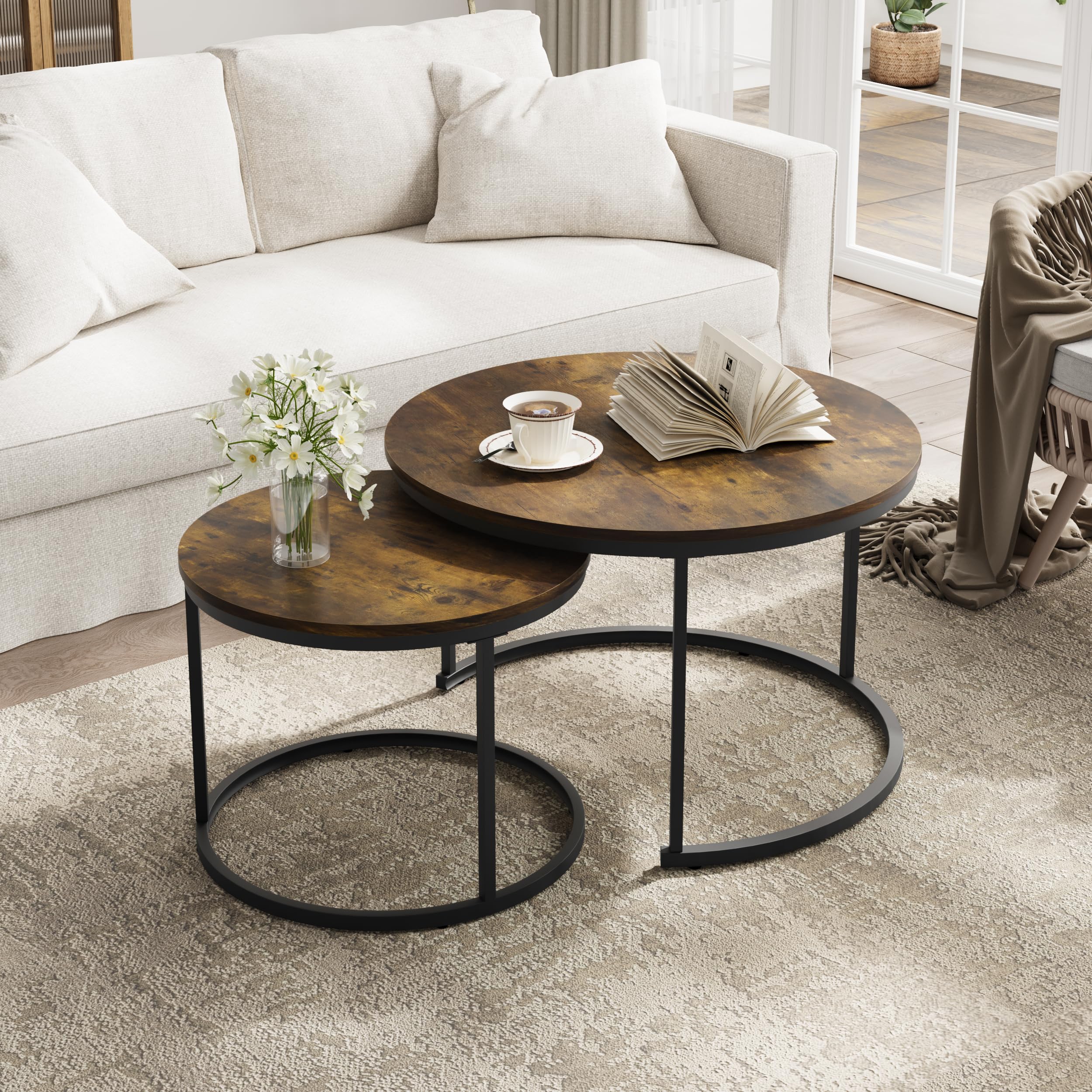 Smuxee Nesting Coffee Table Set of 2, 23.6" Round Coffee Table Wood Grain Top with Adjustable Non-Slip Feet, Industrial End Table Side Tables for Living Room Bedroom Balcony Yard