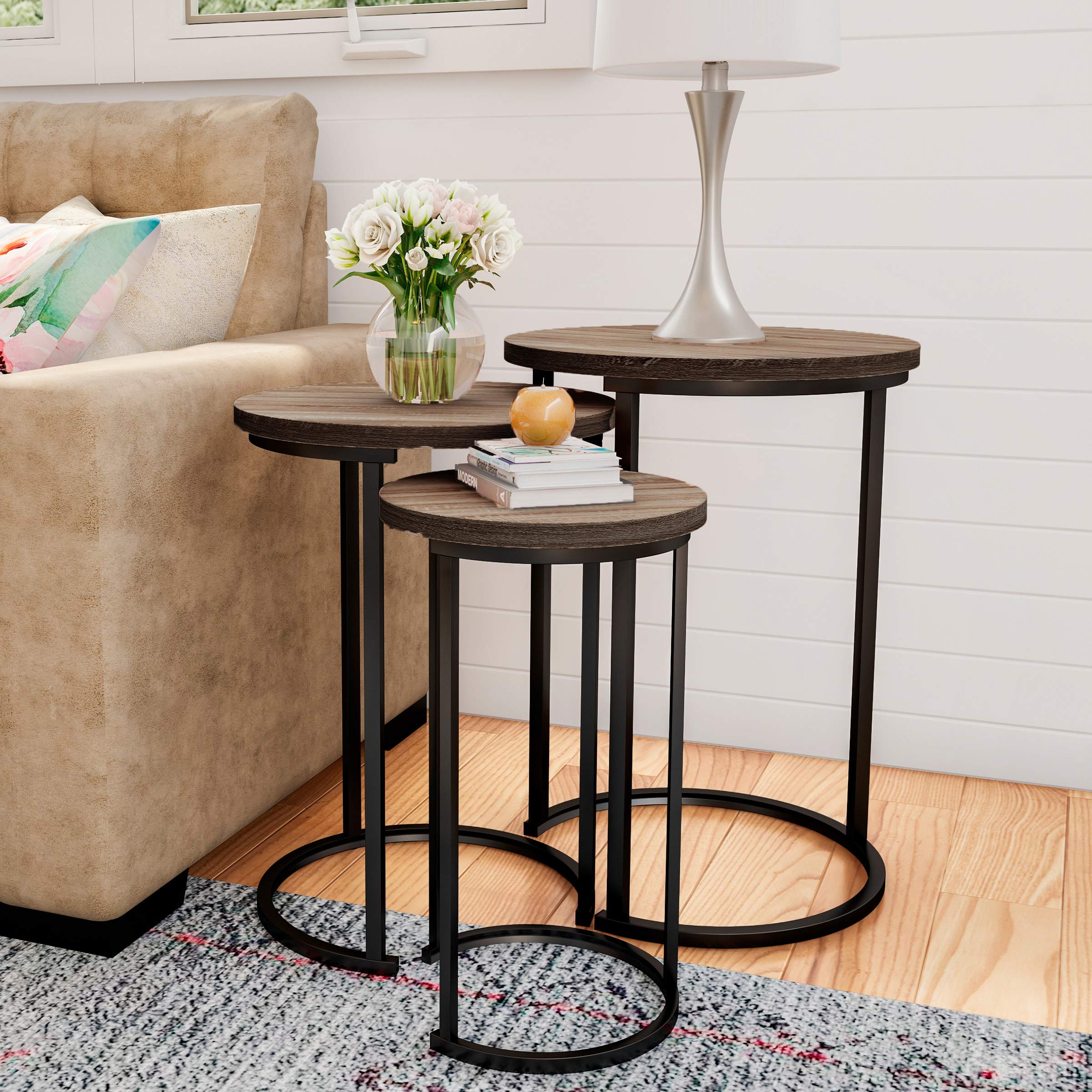 Lavish Home Nesting Tables - Set of 3 Round Side Tables for Living Room, Bedroom, or Home Office - Woodgrain-Look End Table Set - Modern Living Room Furniture (Gray/Brown)