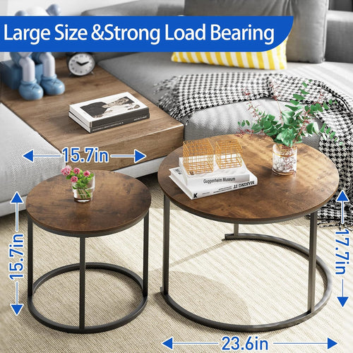 aboxoo Coffee Table Nesting Round Table Set of 2 Side Table with Sturdy Metal Frame for Living Room Bedroom Apartment Modern Industrial Simple Nightstand,Rustic Brown