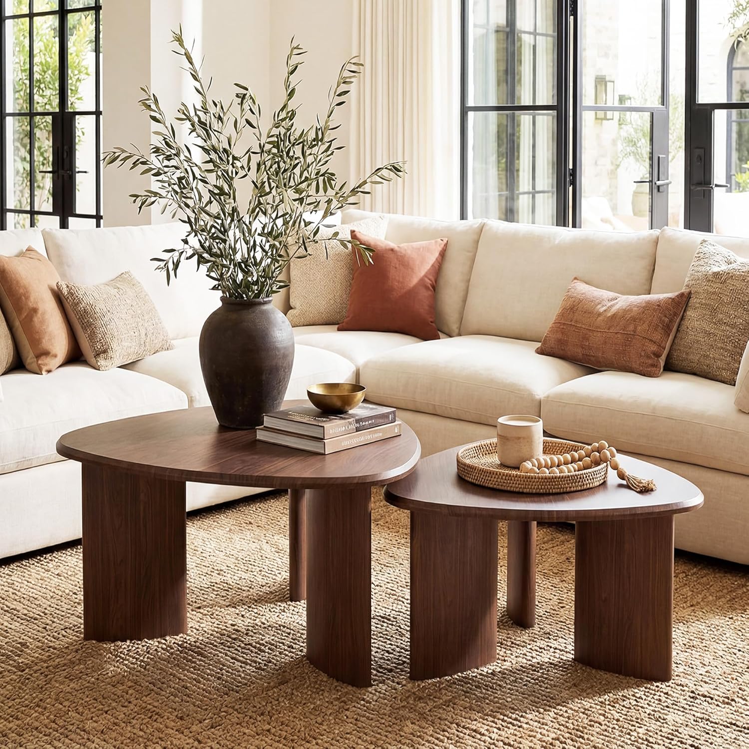 Honyee Nesting Coffee Table Set of 2, Modern Walnut Wood Veneer Coffee Table and Side Table Set for Living Room, Small End Table Set with Flexible Use and Space-Saving Design