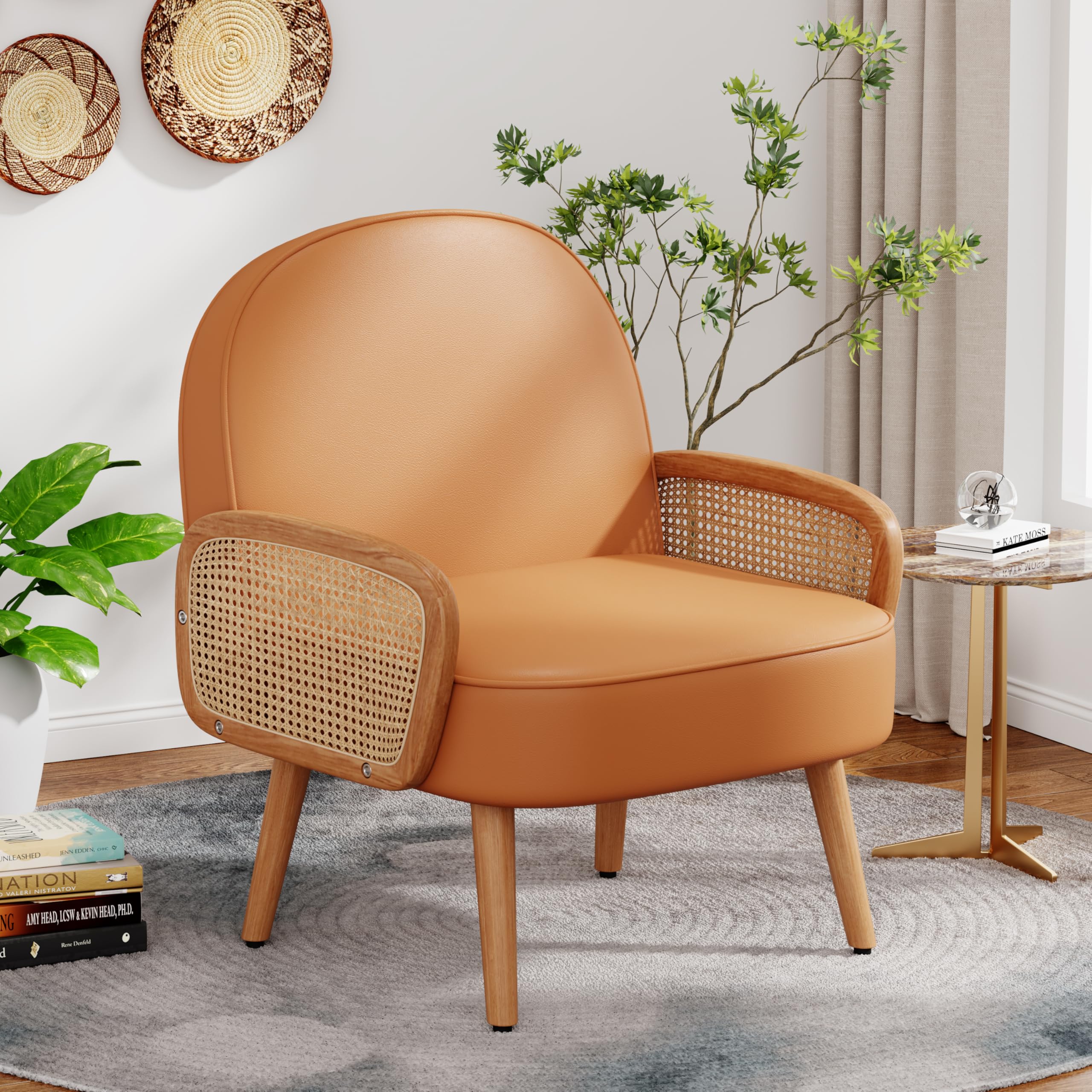 Aklaus Mid Century Modern Accent Chair Armchair with Rattan Arms Upholstered Rattan Boho Accent Chair for Living Room Bedroom Balcony Faux Leather Reading Chairs Side Club Chair Beige