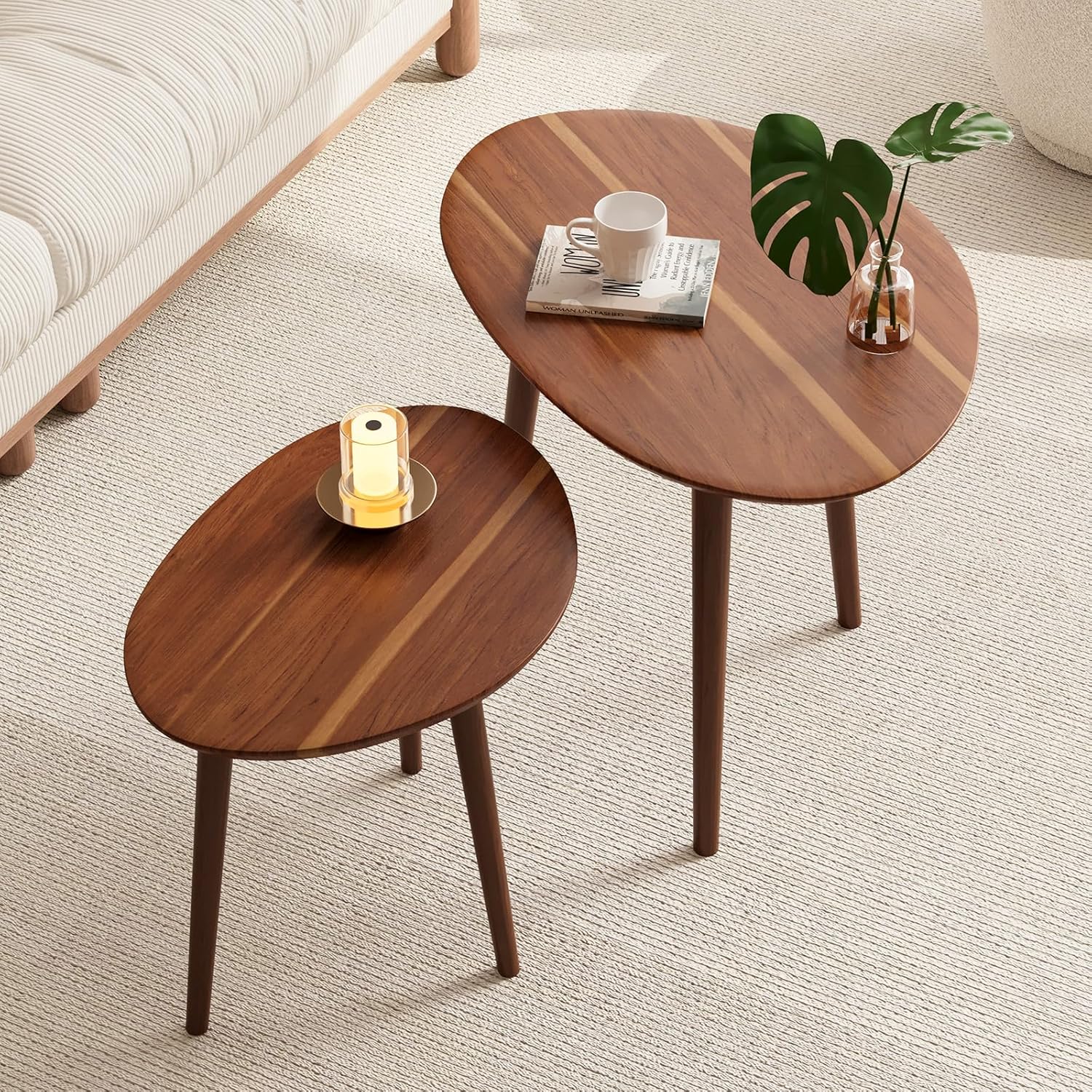 Small Oval Coffee Tables Set,Acacia Wood Nesting Tables（25.6"x17.7"+17.7"x13.4" for Living Room Small Spaces Office,Easy Assembly Wooden Minimalist Walnut Mid Century Modern Coffee Table