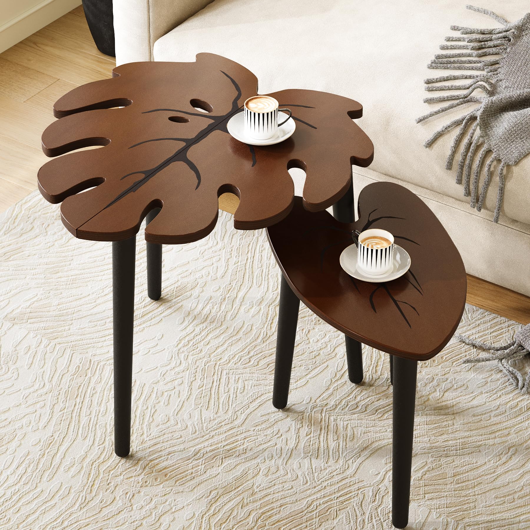 BAMEOS Monstera Leaf Nesting Tables Set of 2, Small Side Tables f Set with Leaf Vein Pattern, Modern Wooden CoffeeTables for Living Room Bedroom Apartment Balcony Yard
