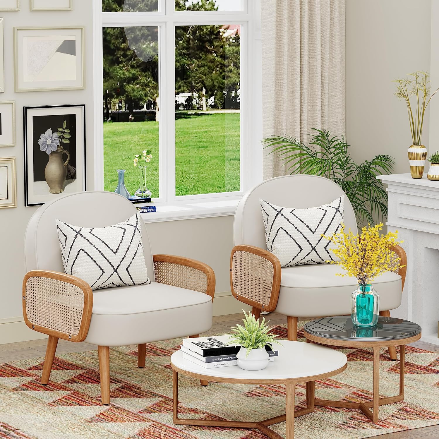 Aklaus Mid Century Modern Accent Chair Armchair with Rattan Arms Upholstered Rattan Boho Accent Chair for Living Room Bedroom Balcony Faux Leather Reading Chairs Side Club Chair Beige