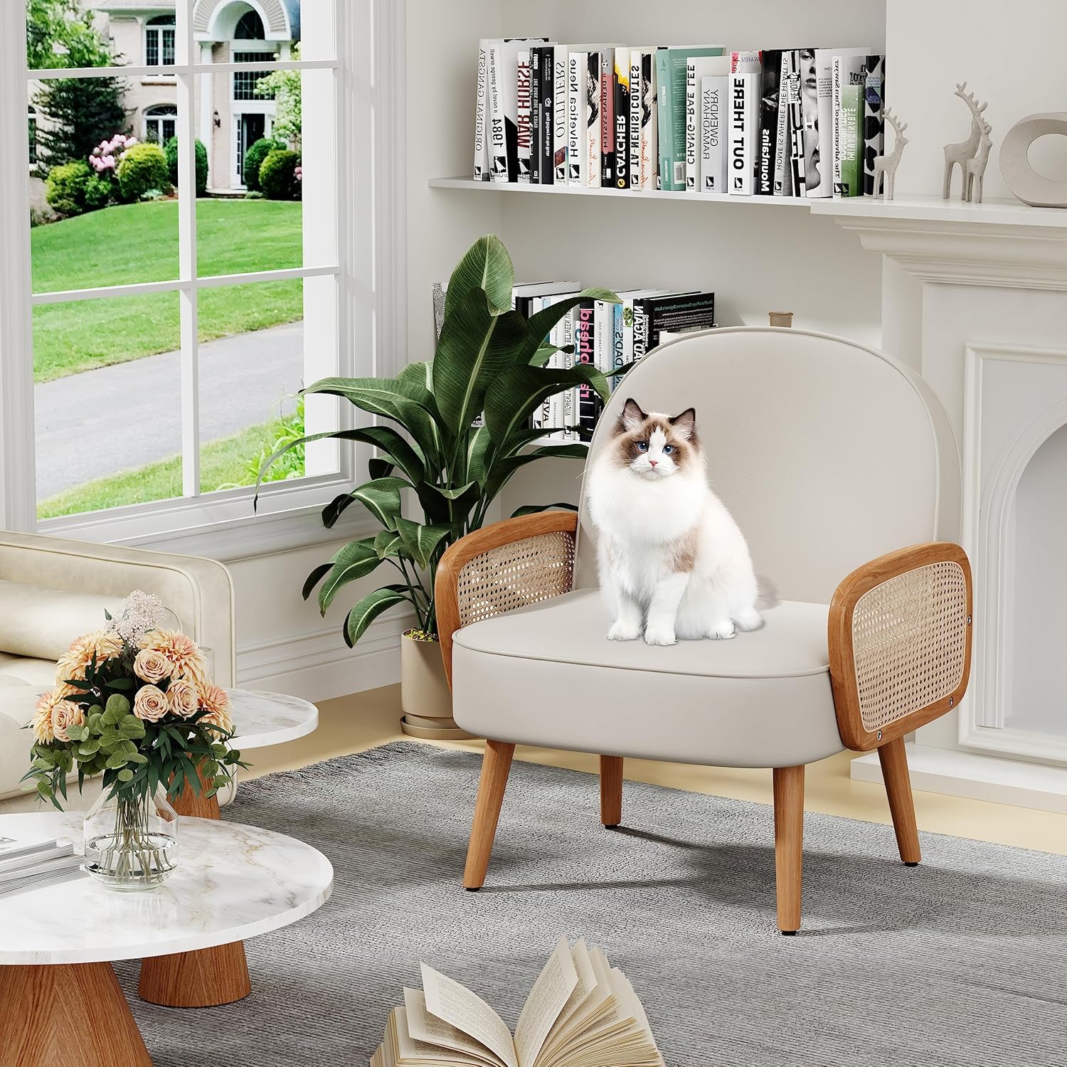Aklaus Mid Century Modern Accent Chair Armchair with Rattan Arms Upholstered Rattan Boho Accent Chair for Living Room Bedroom Balcony Faux Leather Reading Chairs Side Club Chair Beige